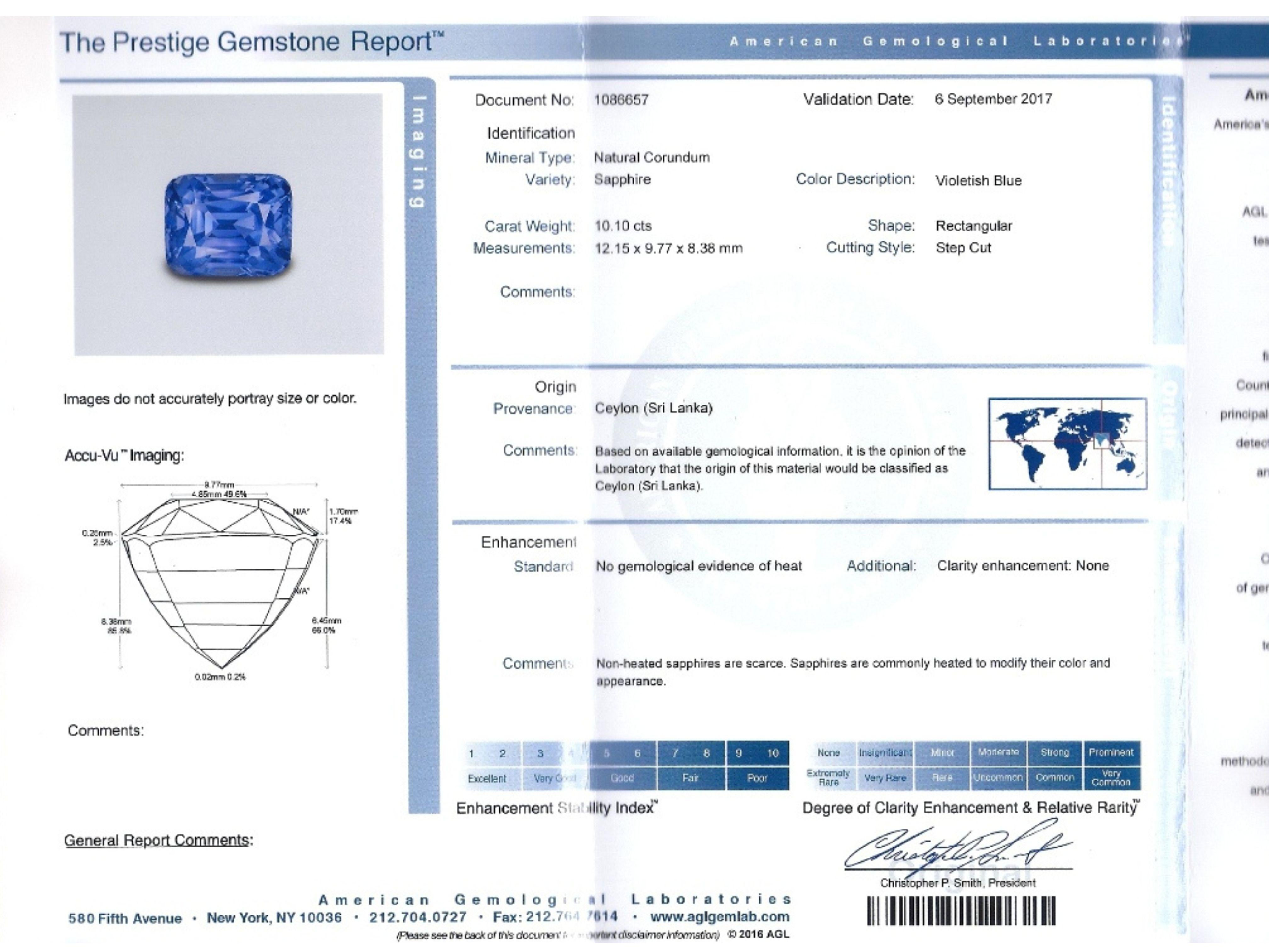 AGL Certified 10.10 Carat No Heat Ceylon Cornflower Blue Sapphire & Diamond Ring For Sale 4