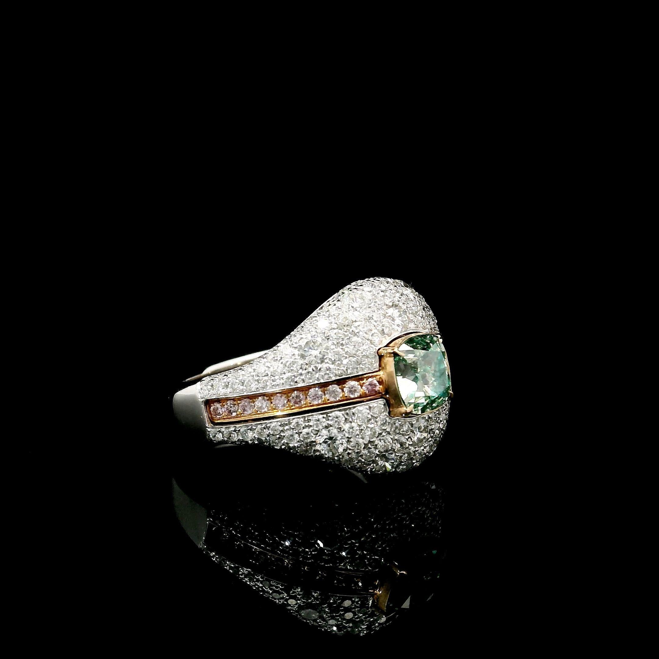 Cushion Cut AGL Certified 1.02 Carat Fancy Green VS Clarity Diamond Ring For Sale