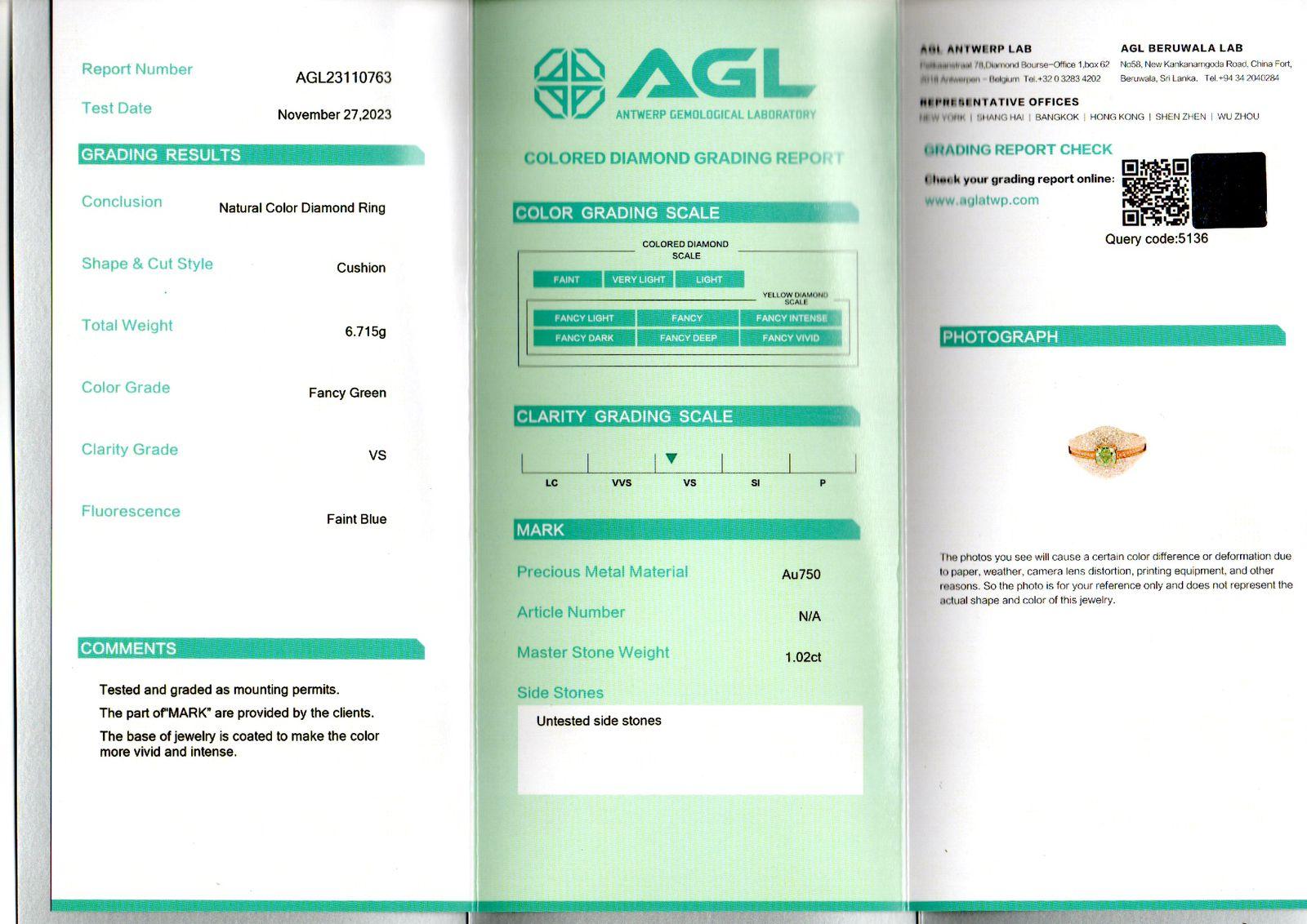AGL Certified 1.02 Carat Fancy Green VS Clarity Diamond Ring For Sale 3