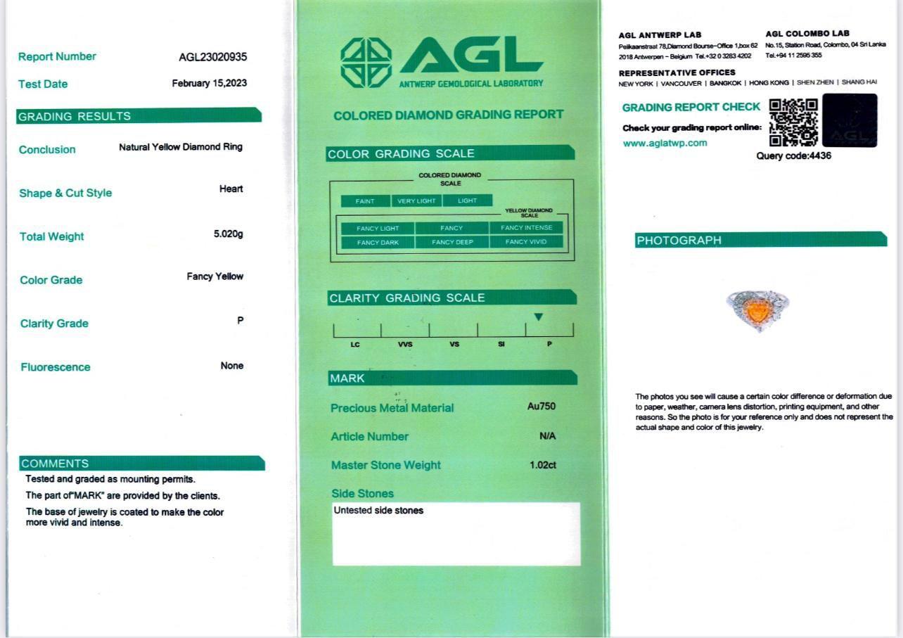 AGL Certified 1.02 Carat Fancy Yellow Clarity Diamond Ring For Sale 3