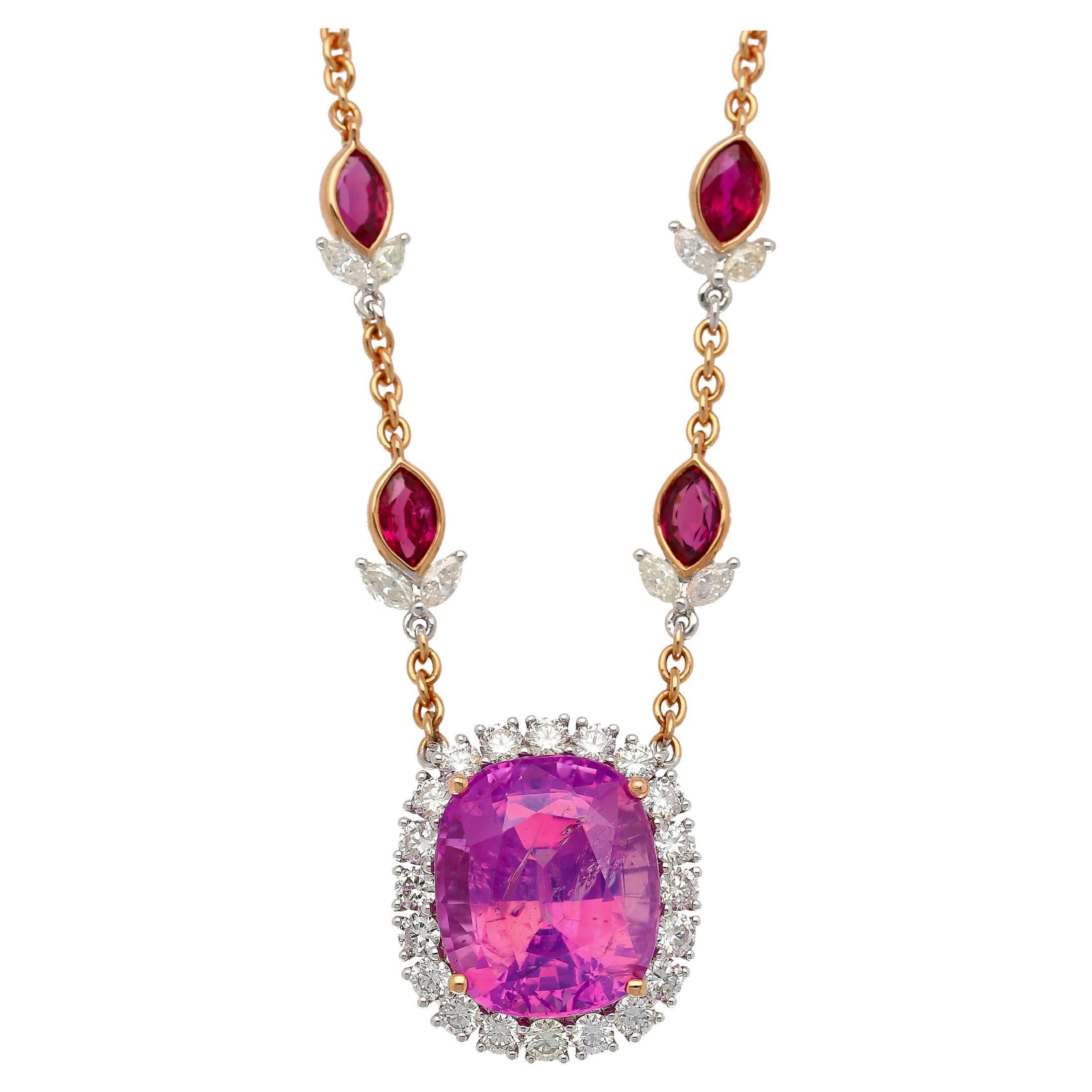 Collar de zafiro rosa, rubí y diamantes, talla cojín, certificado AGL de 10,26 quilates en venta