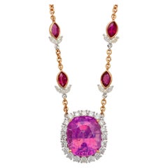 AGL Certified 10.26 Carat Cushion Cut Pink Sapphire, Ruby, & Diamond Necklace