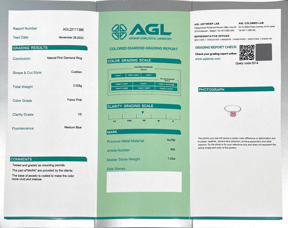 AGL-zertifizierter 1.03 Karat Fancy Pink VS Reinheit Diamantring mit Reinheit im Angebot 3