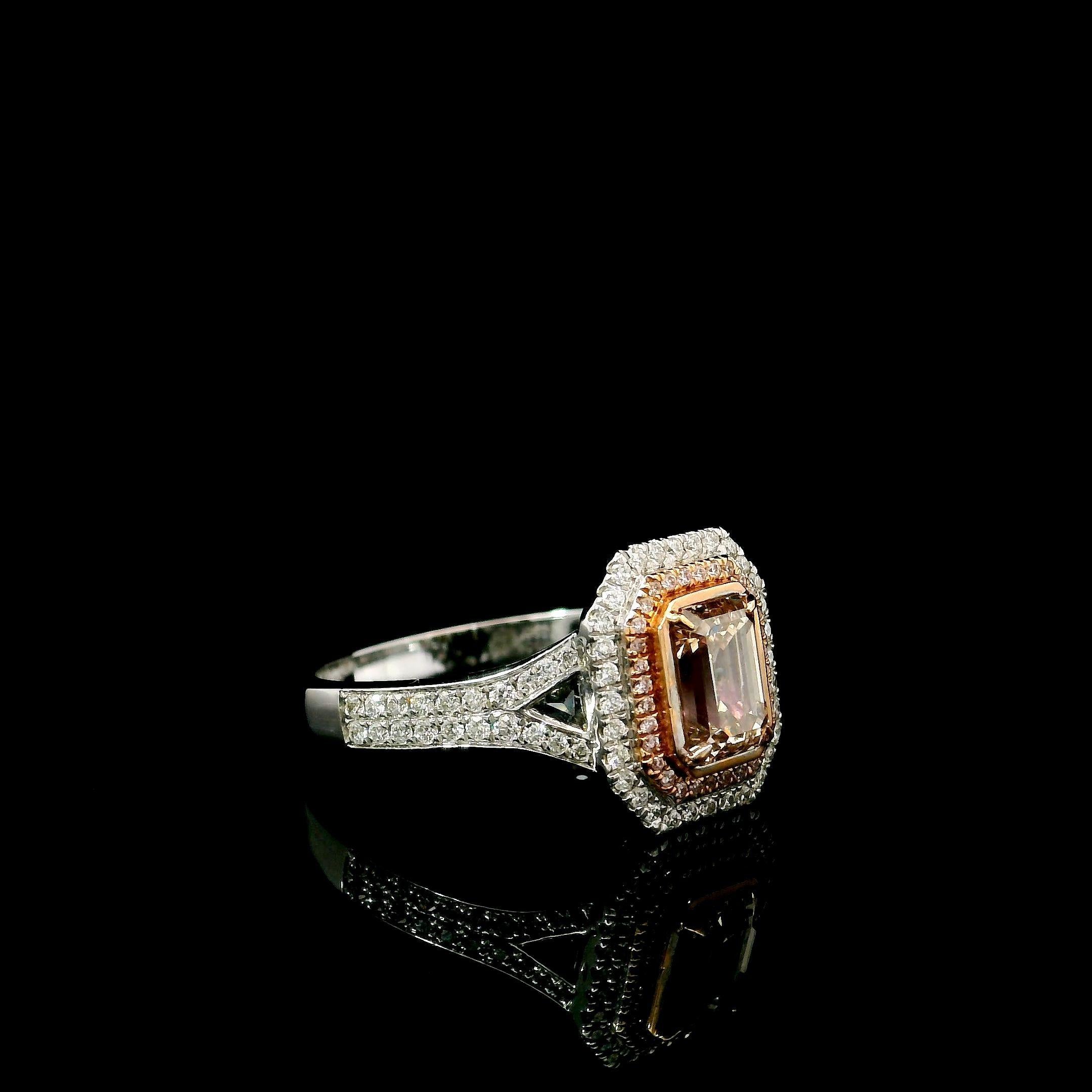 Emerald Cut AGL Certified 1.05 Carat Fancy Light Brownish Pink VS Clarity Diamond Ring For Sale