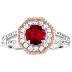 Bague en or certifiée AGL de 1.05 carat de rubis rond et de diamant