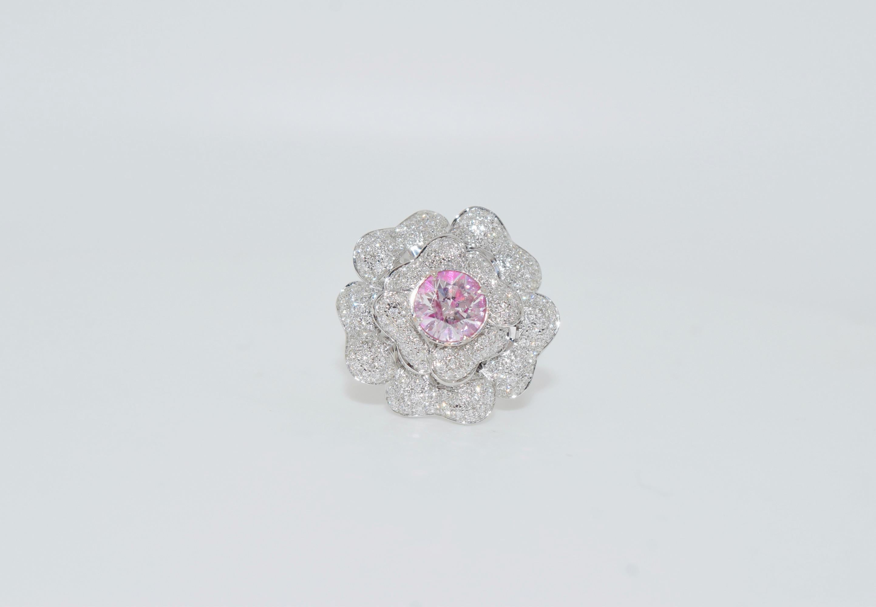 Round Cut AGL Certified 1.05 Carat VS Round Fancy Light Pink Diamond Ring For Sale