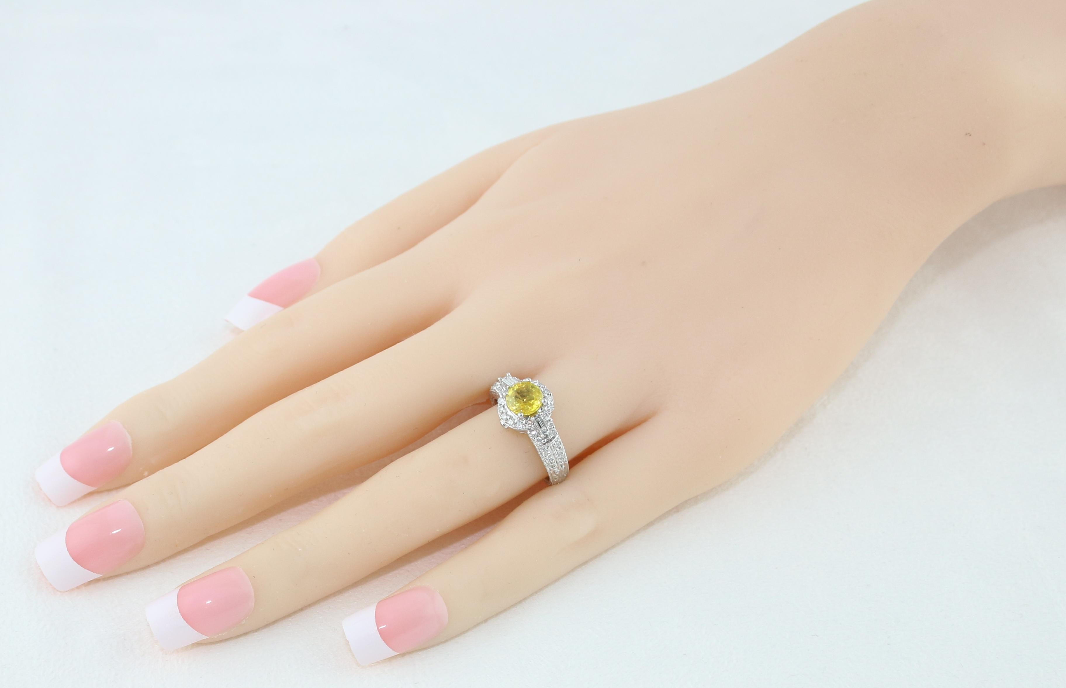 Women's AGL Certified 1.05 Carat Yellow Sapphire Diamond Gold Milgrain Filigree Ring For Sale