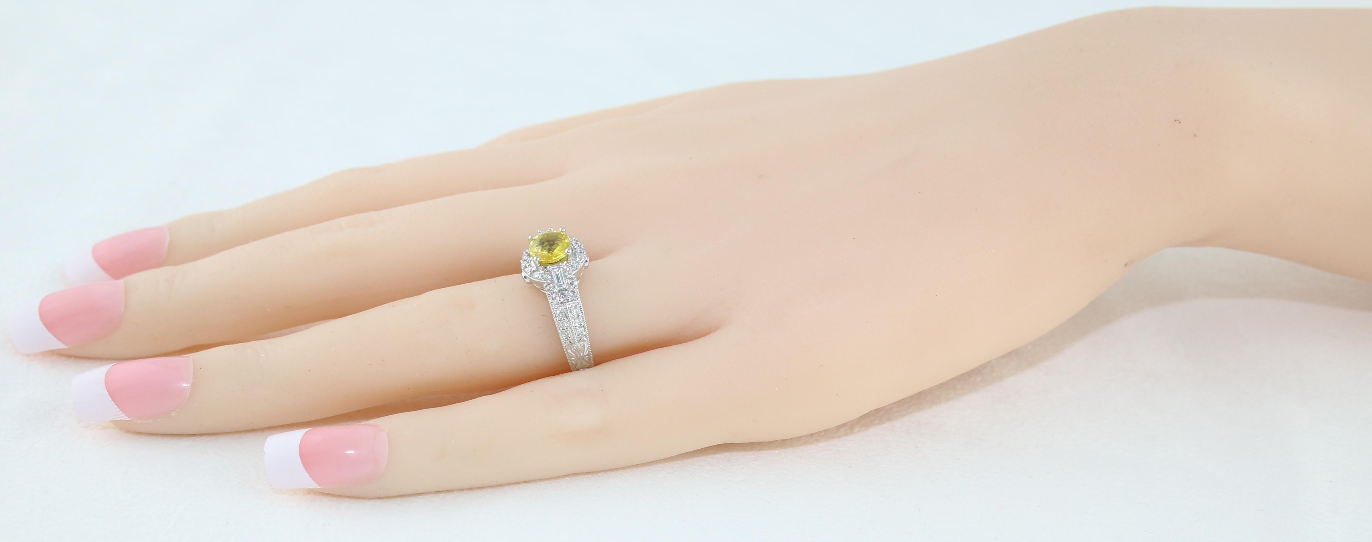 AGL Certified 1.05 Carat Yellow Sapphire Diamond Gold Milgrain Filigree Ring For Sale 1