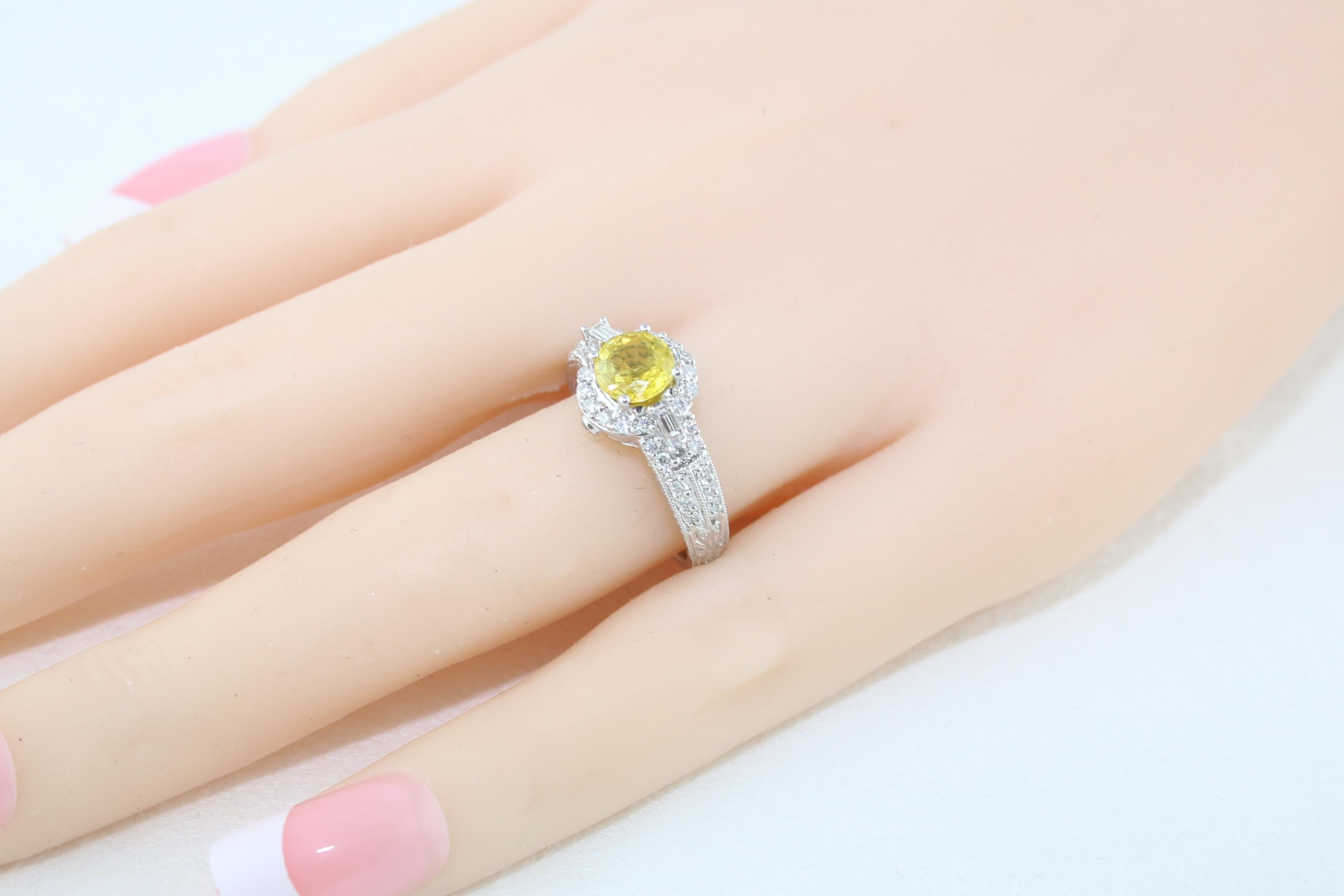 AGL Certified 1.05 Carat Yellow Sapphire Diamond Gold Milgrain Filigree Ring For Sale 3