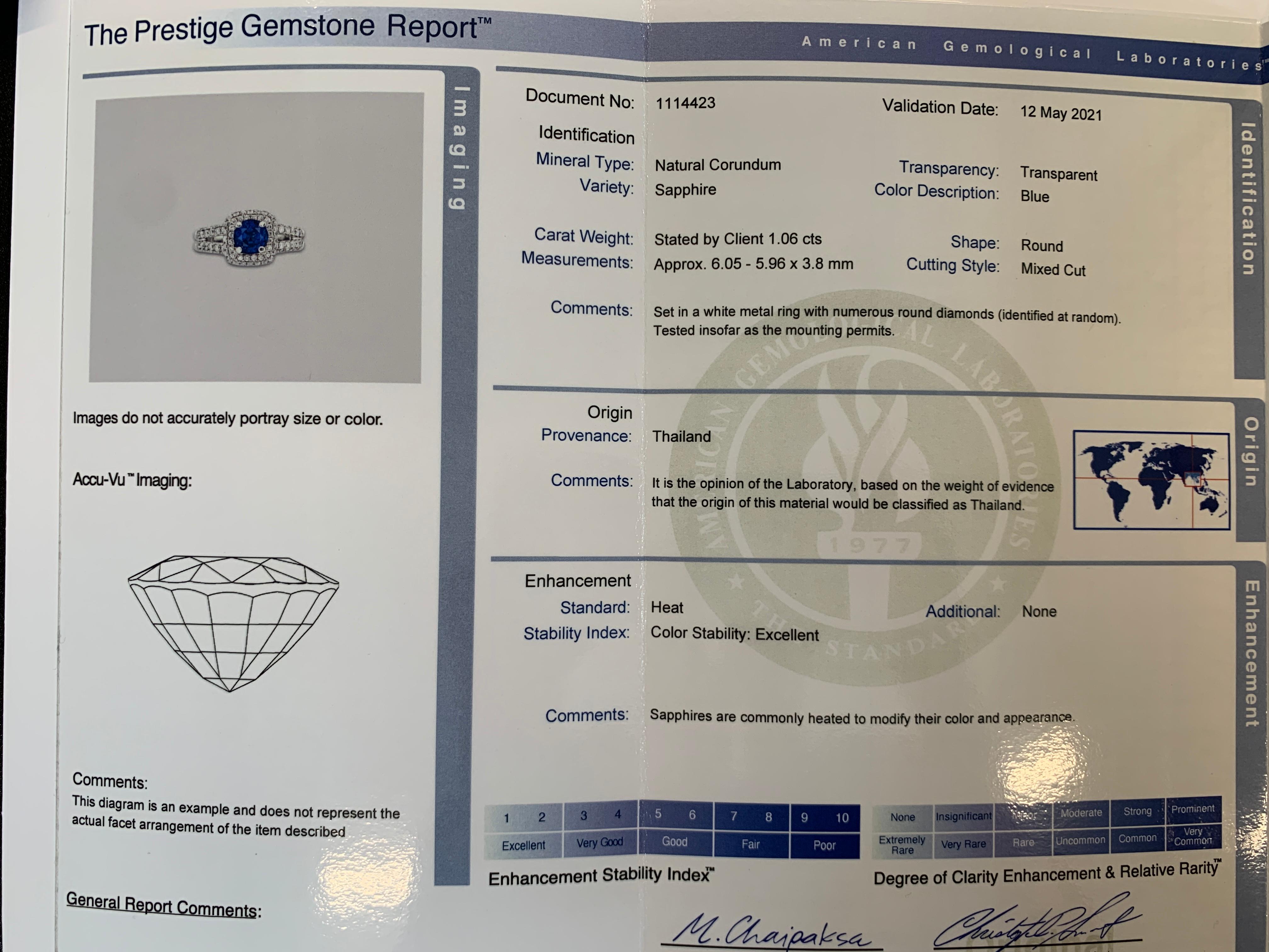 Women's AGL Certified 1.06 Carat Blue Sapphire & Diamond White Gold Ring
