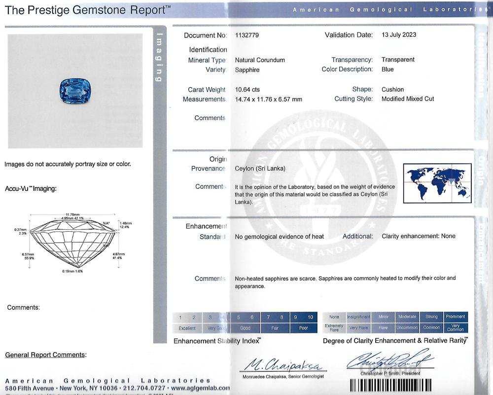 Taille coussin AGL Certified 10.64 Carat Ceylon Sapphire Diamond Platinum Ring en vente