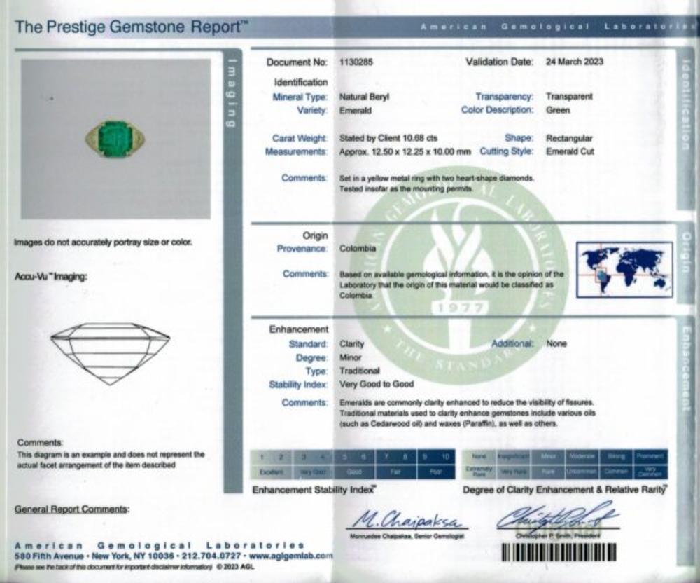 Bague en émeraude colombienne certifiée AGL de 10,68 carats et diamant en forme de cœur Unisexe en vente