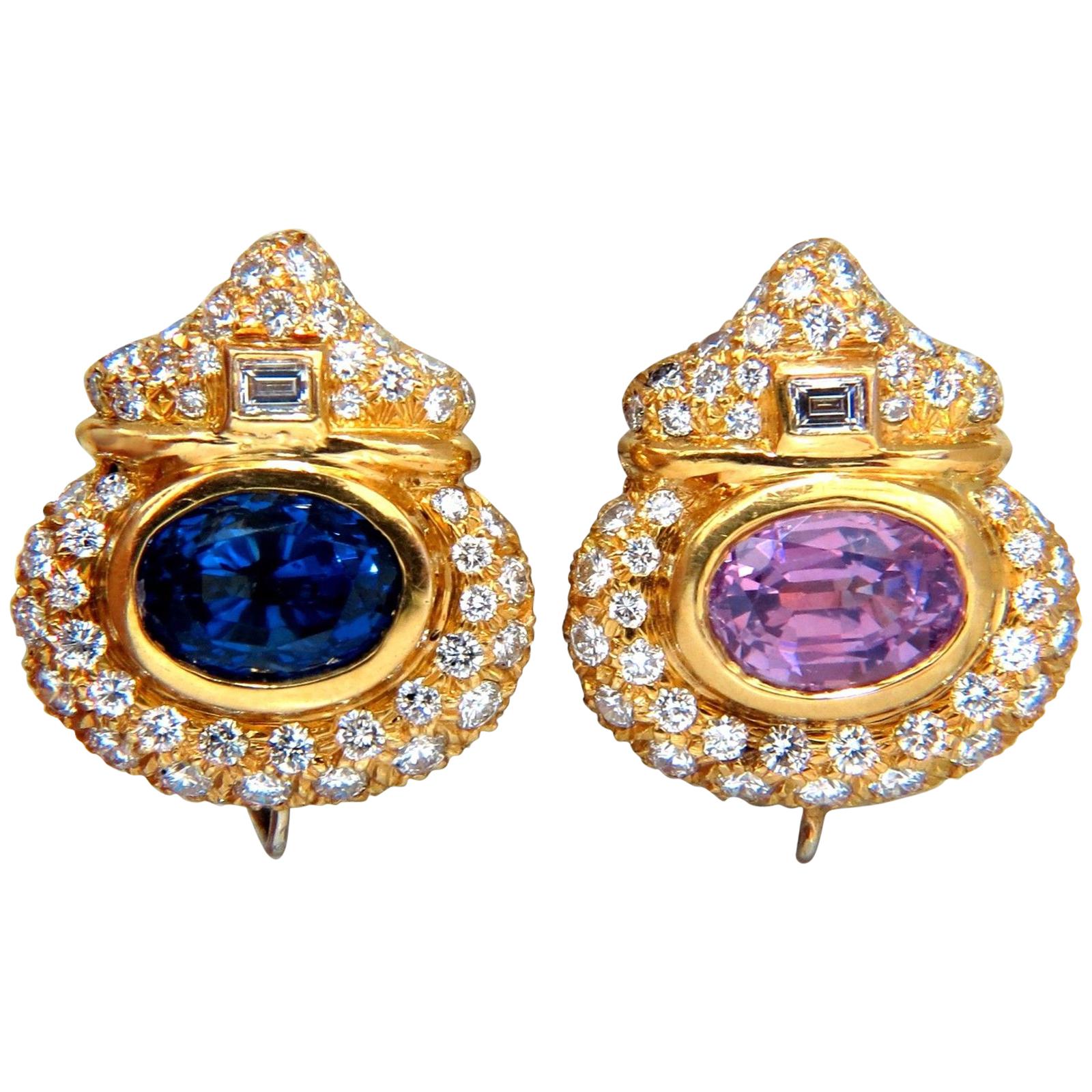 AGL Certified 10.75ct natural pink & blue sapphire diamond earrings 18kt* For Sale