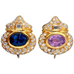 AGL Certified 10.75ct natural pink & blue sapphire diamond earrings 18kt*