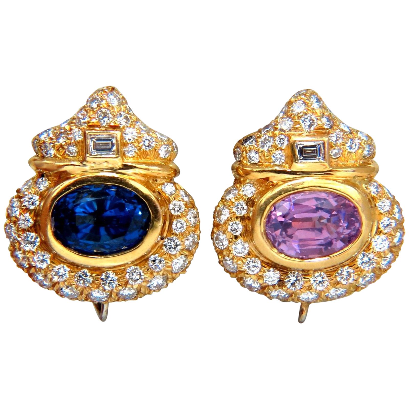 AGL Certified 10.75ct natural pink & blue sapphire diamond earrings 18kt For Sale