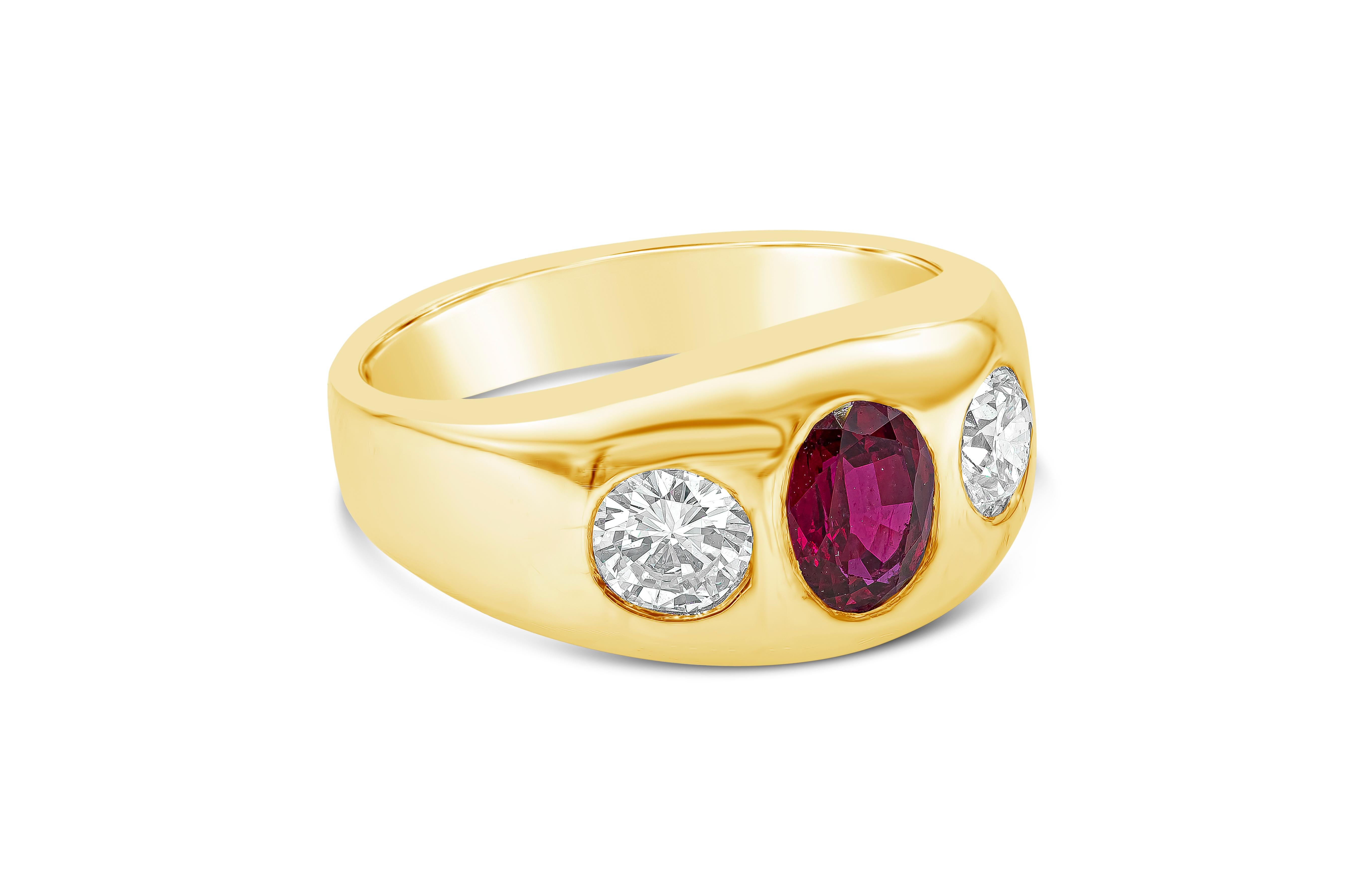 Showcasing a 1.08 carat oval cut ruby and two round cut diamonds weighing a total of 1.10 carats total. Flush set in 18k yellow gold. Accompanied with AGL report. 
size 9.5 US (sizable)

Style available in different price ranges. Prices are based on