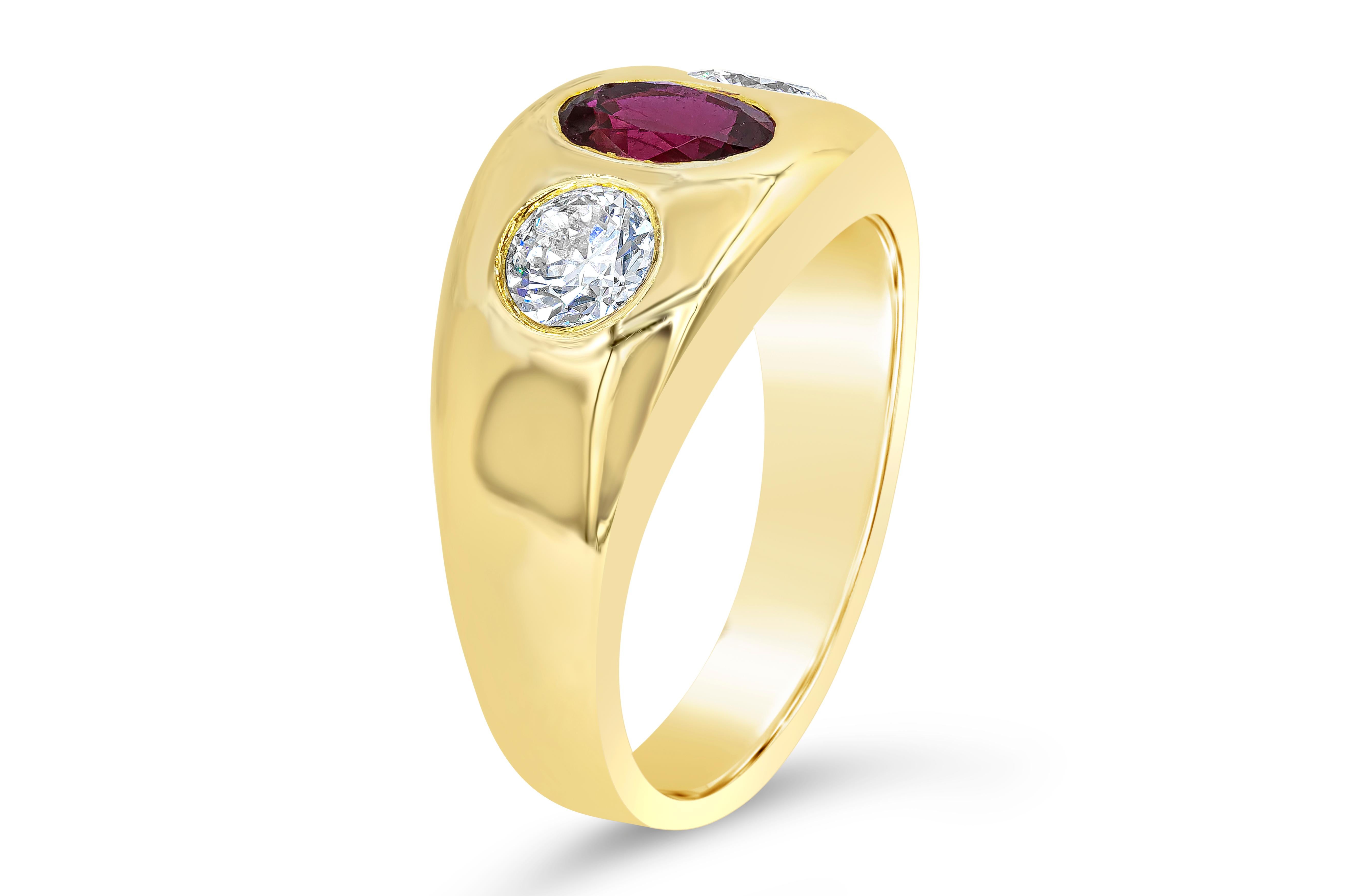 Contemporary AGL Certified 1.08 Carat Ruby and Diamond Three-Stone Men's Ring