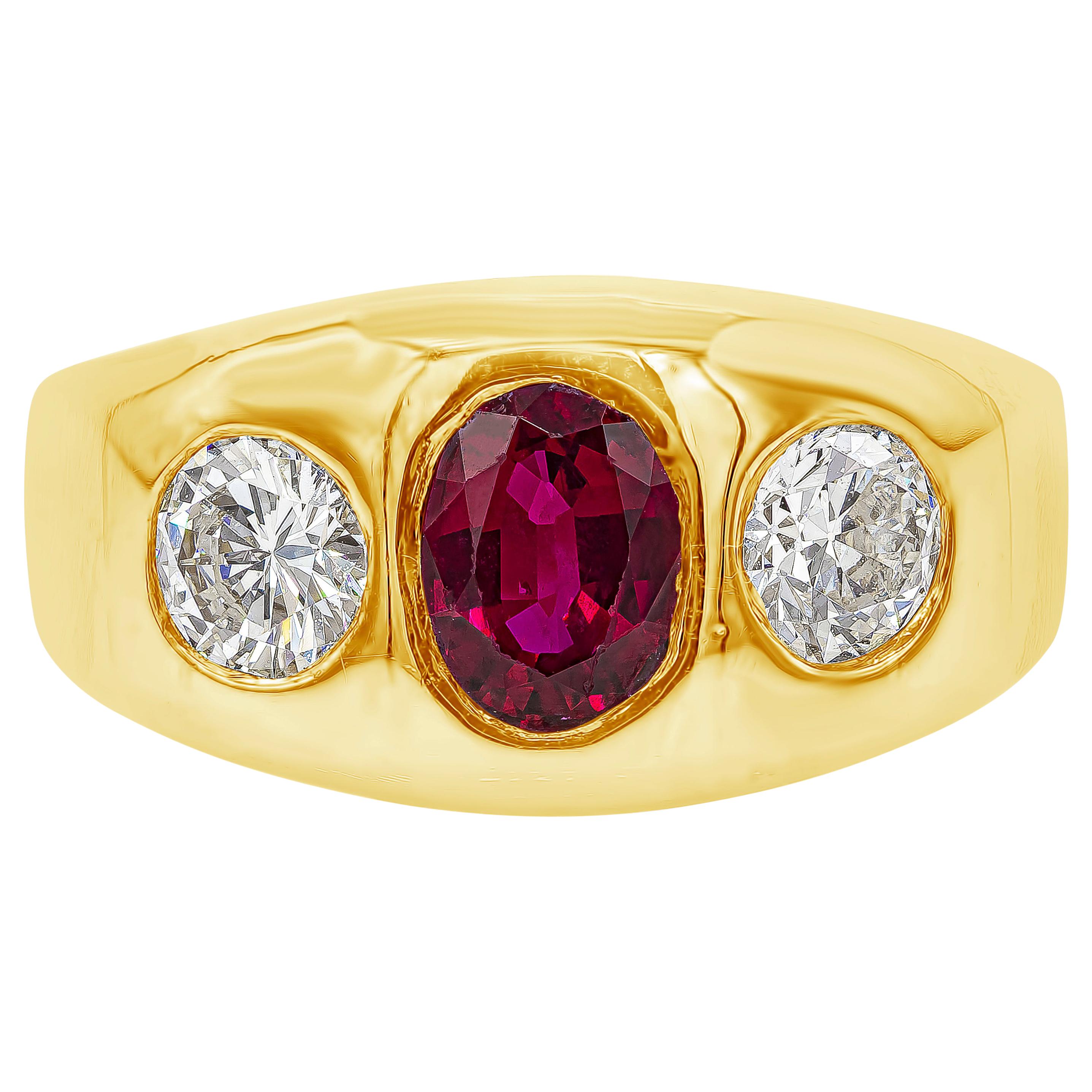 AGL Certified 1.08 Carat Ruby and Diamond Three-Stone Men's Ring