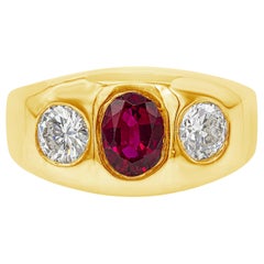 AGL Certified 1.08 Carat Ruby and Diamond Three-Stone Men's Ring