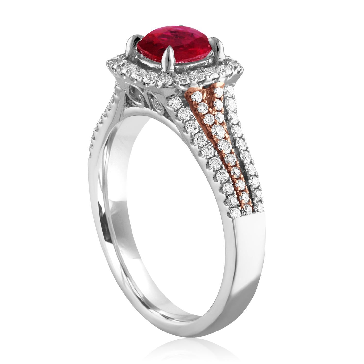 Beautiful Square Halo Two Tone Ring
The ring is 18K White & Rose Gold
The Center Stone is a Round Ruby 1.09 Carats
The Ruby is AGL Certified Heated
There are 0.54 Carats in Diamonds F/G VS/SI
The ring is a size 6.5, sizable.
The ring weighs 4.4 grams