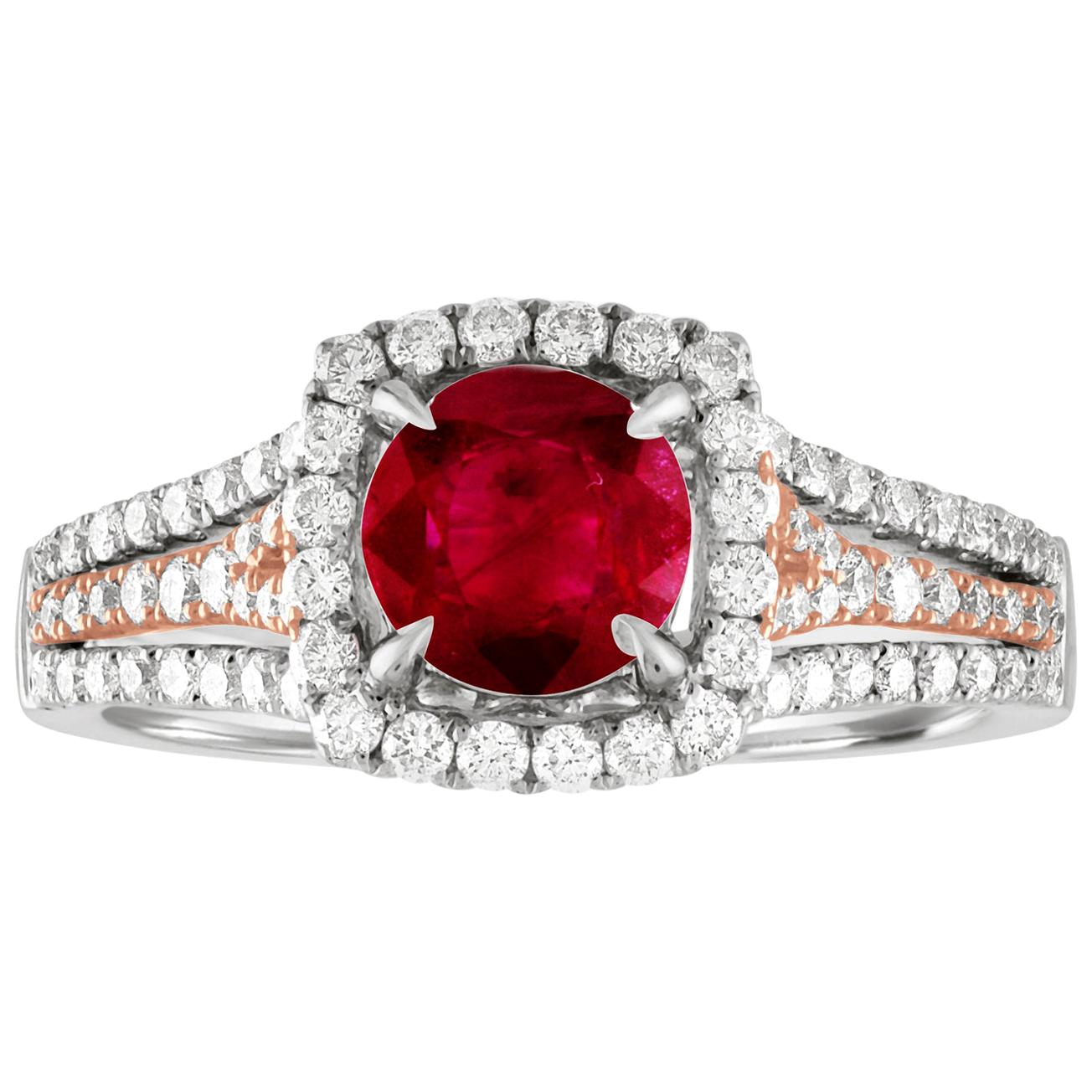 Bague en or certifiée AGL de 1.09 carat de rubis rond et de diamant