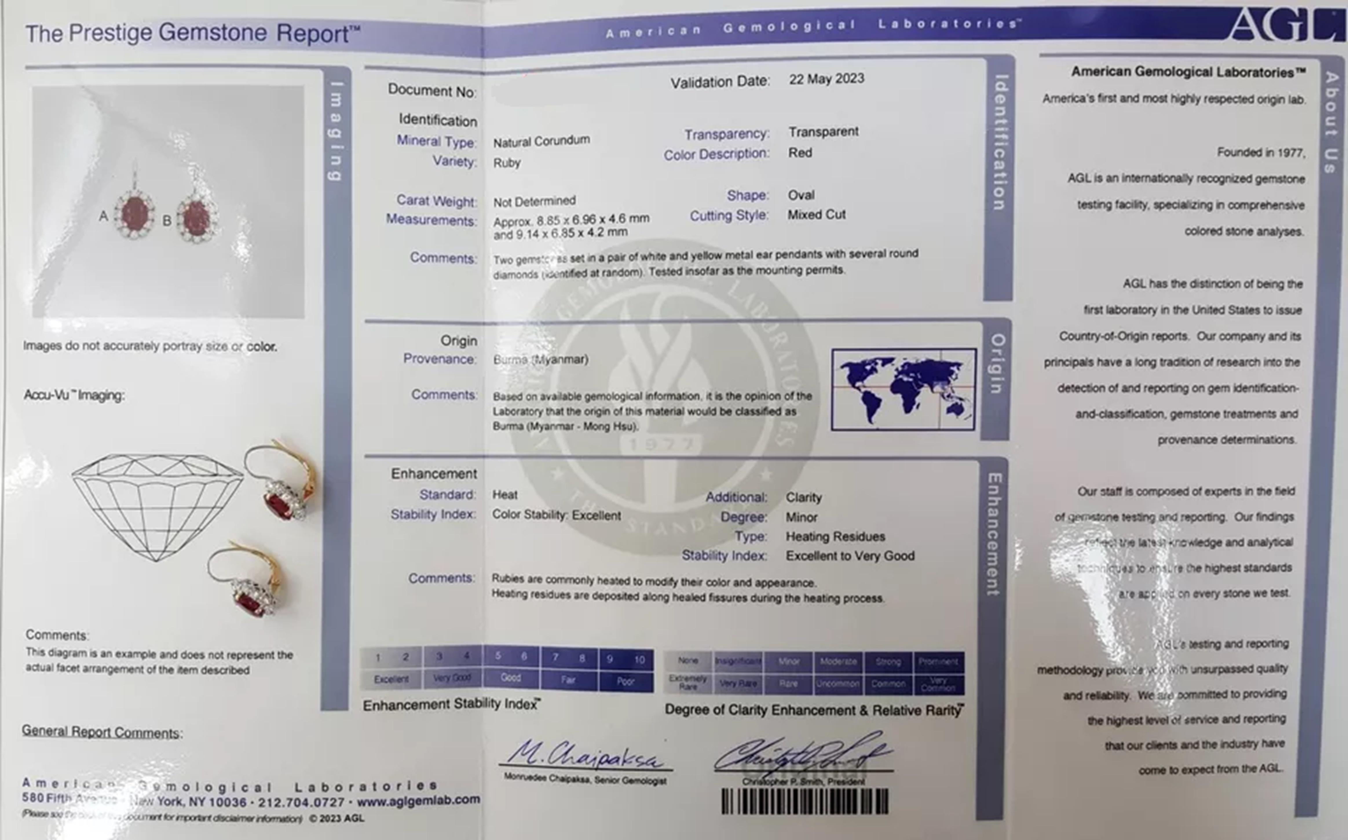 Taglio ovale Orecchini AGL certificati con 11 carati di rubini BURMA VIVID RED in vendita