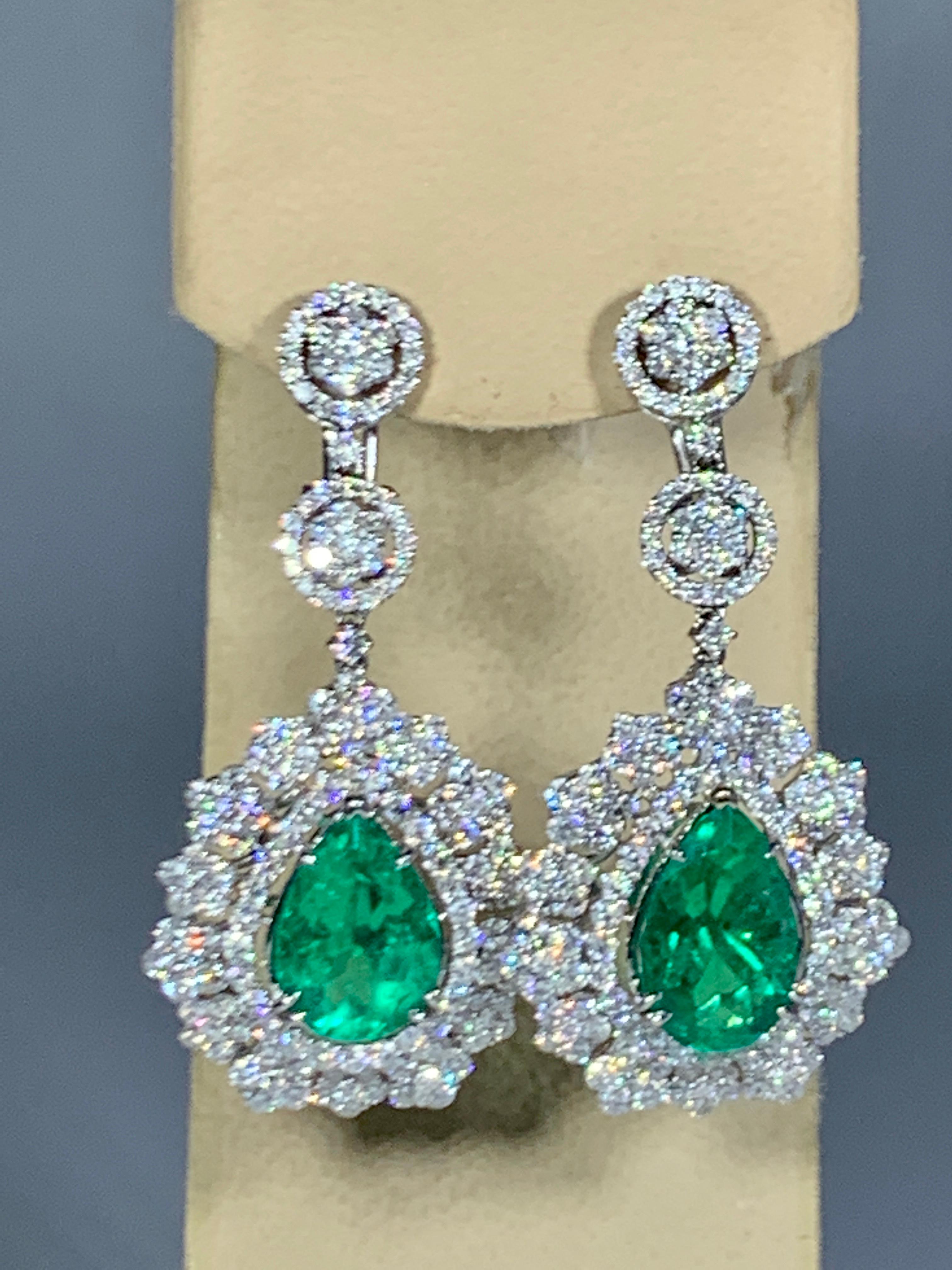 AGL Certified 11 Ct Pear/Drop Colombian Emerald 9 Ct Diamond Earrings 18K Gold 7