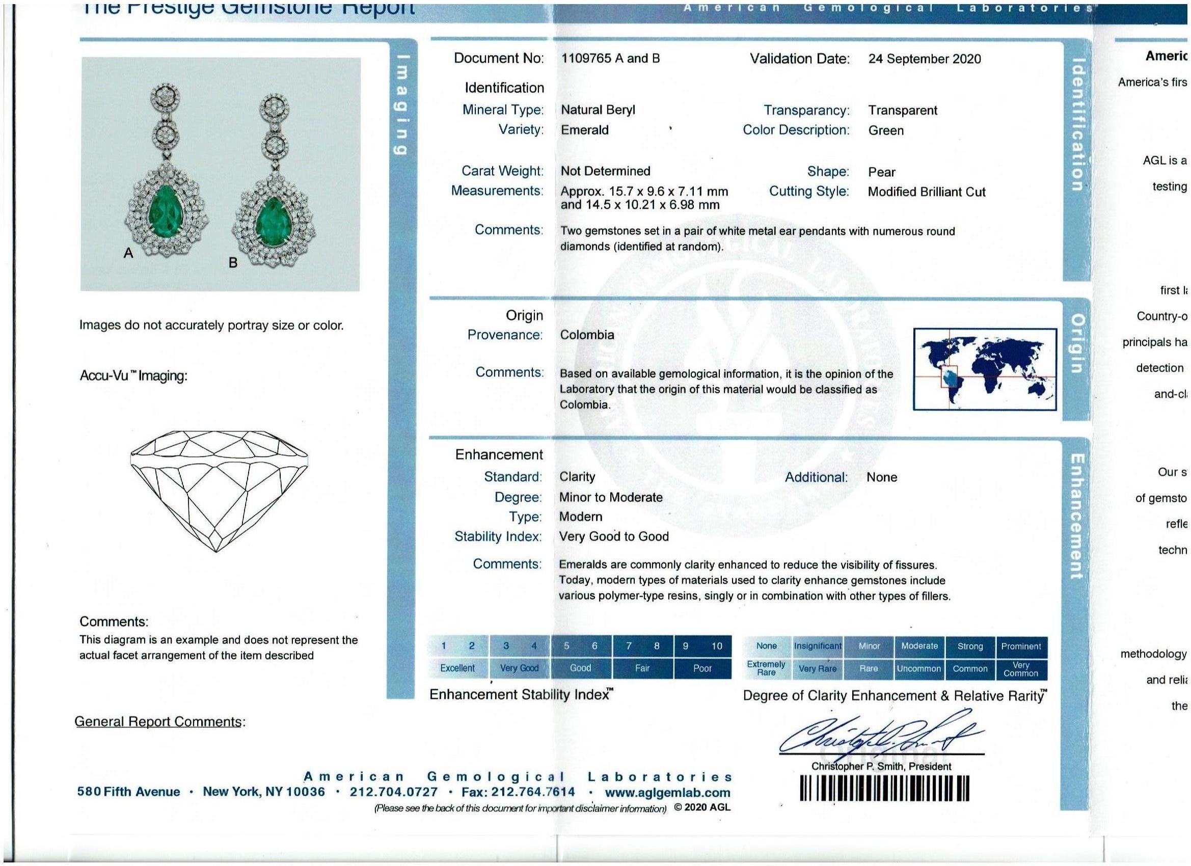 Ohrringe, AGL zertifiziert 11 Karat birnenförmiger/tropfenförmiger kolumbianischer Smaragd 9 Karat Diamant 18K Gold im Zustand „Hervorragend“ in New York, NY