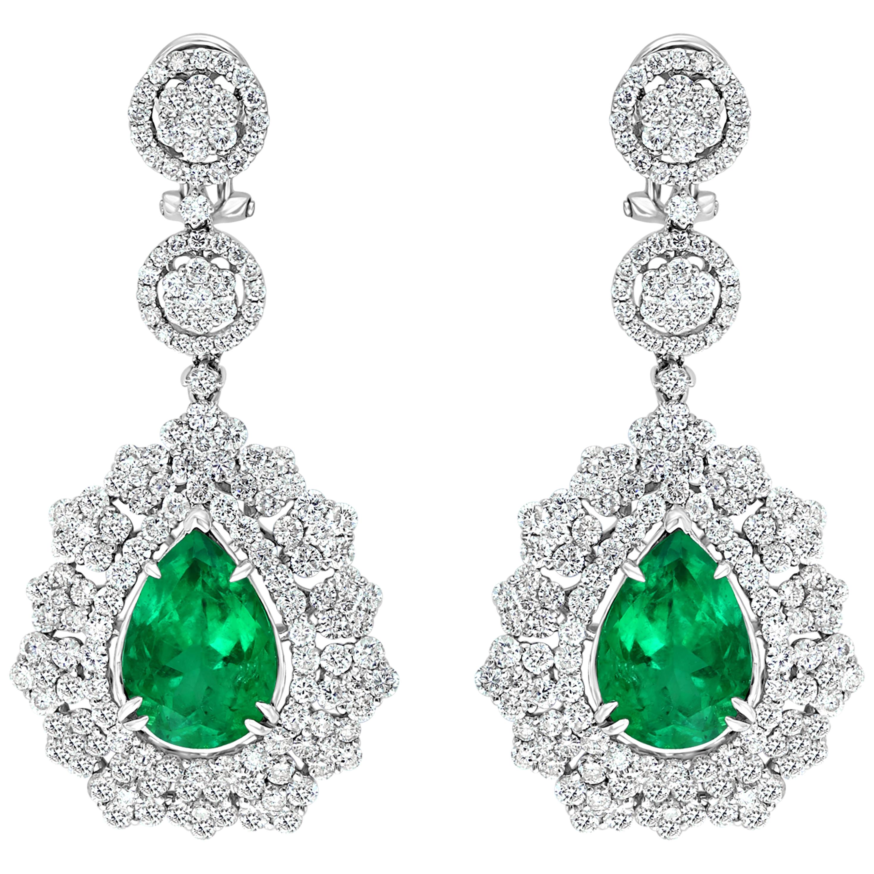 AGL Certified 11 Ct Pear/Drop Colombian Emerald 9 Ct Diamond Earrings 18K Gold