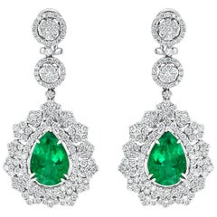 Ohrringe, AGL zertifiziert 11 Karat birnenförmiger/tropfenförmiger kolumbianischer Smaragd 9 Karat Diamant 18K Gold
