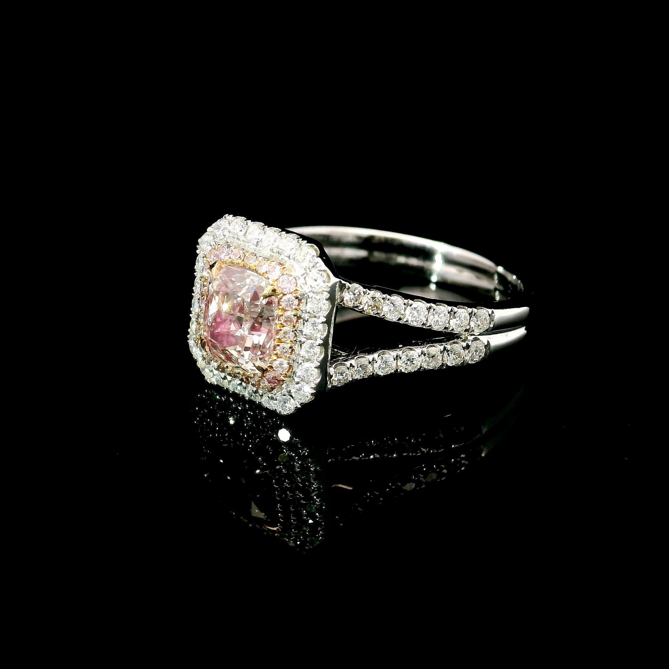 Cushion Cut AGL Certified 1.10 Carat Fancy Pink VS Clarity Diamond RIng For Sale