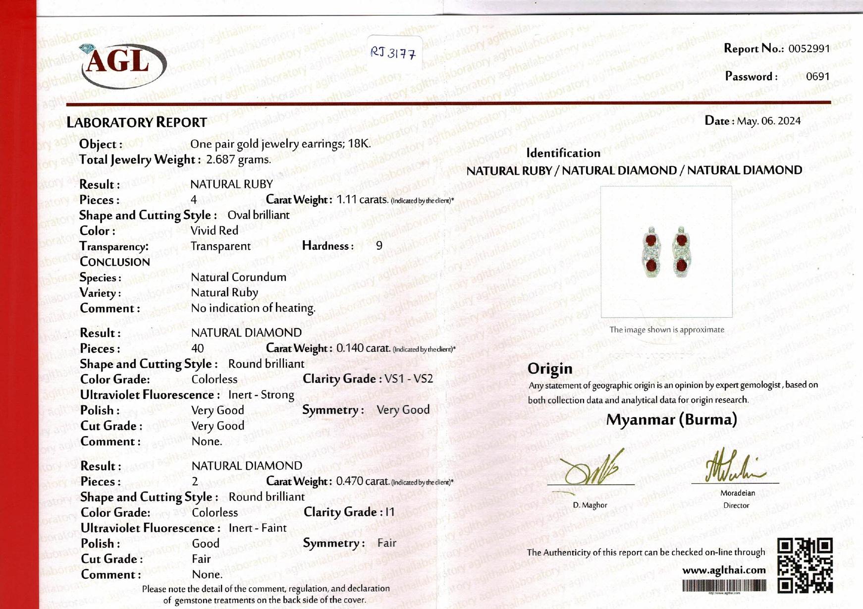 Women's AGL Certified 1.11 Carat No Heat Burma Pigeon Blood Ruby in 18 Karat White Gold For Sale