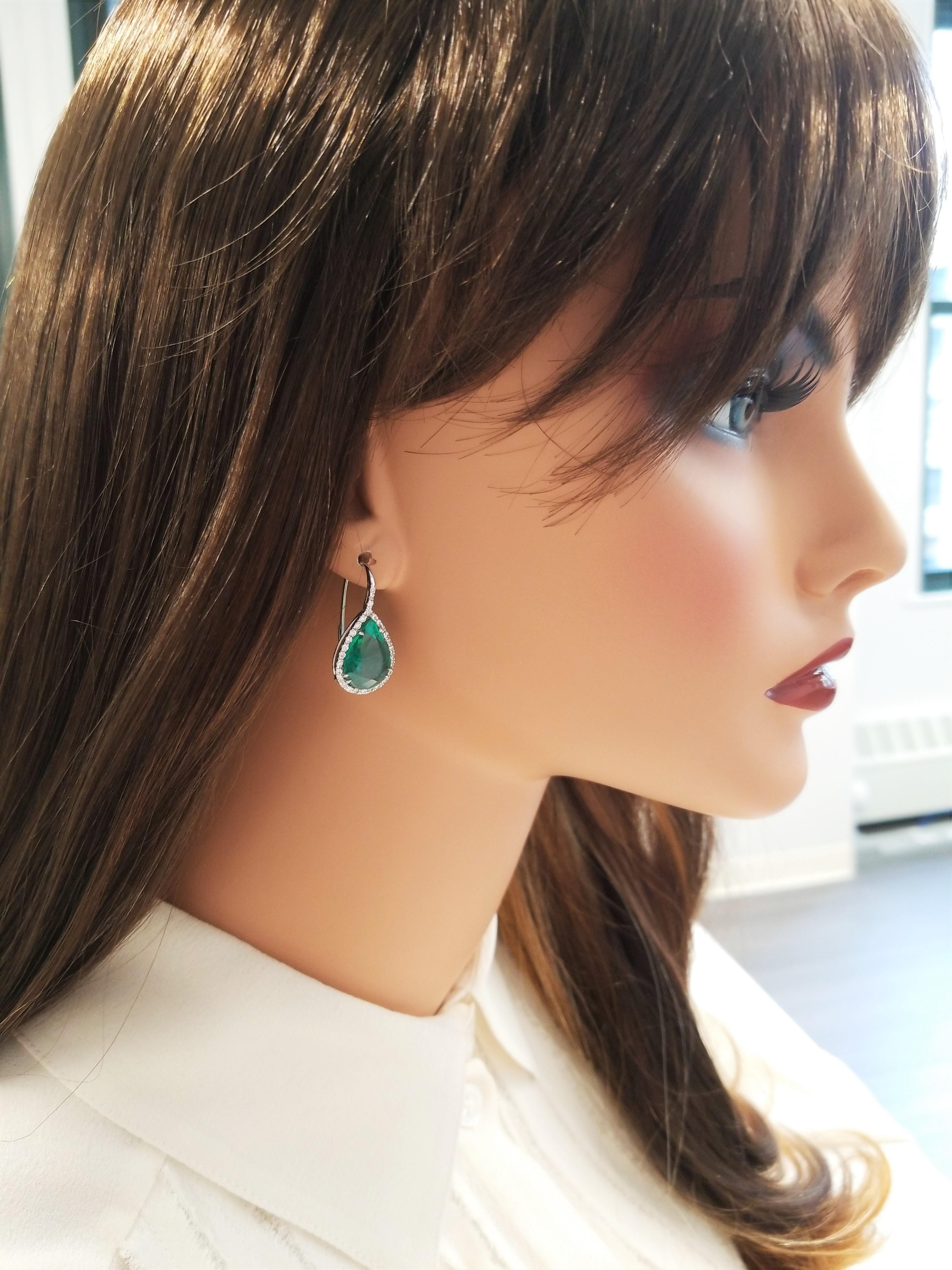 AGL Certified 11.18 Carat Total Pear Shaped Emerald & Diamond Earrings in 18K In New Condition For Sale In Chicago, IL