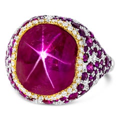11.28 Carats Cabochon Star Burmese Ruby & Round Diamond Cocktail Ring