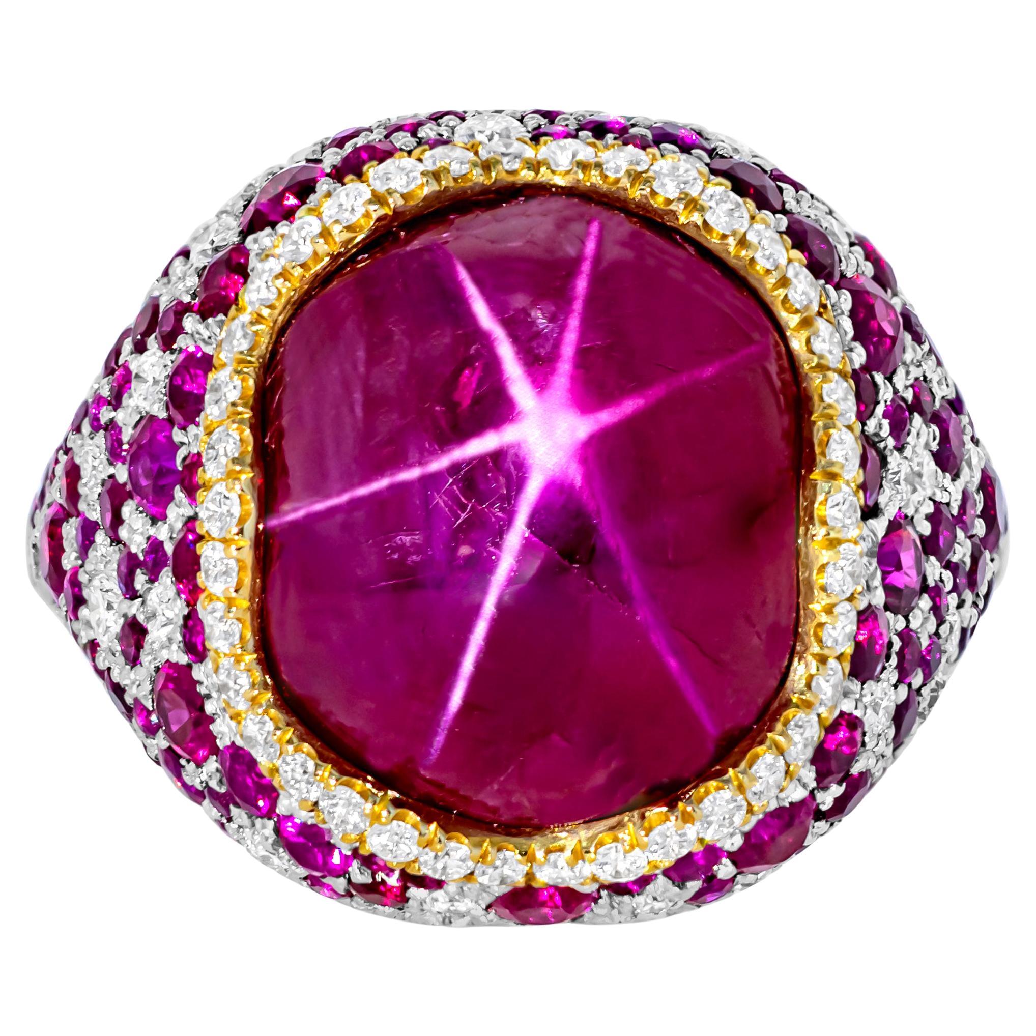 AGL Certified 11.28 Carats Cabochon Star Ruby and Round Diamond Cocktail Ring For Sale