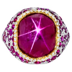 AGL Certified 11.28 Carats Cabochon Star Ruby and Round Diamond Cocktail Ring