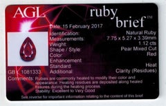 AGL Certified 1.12 Carat Pear Shape Ruby