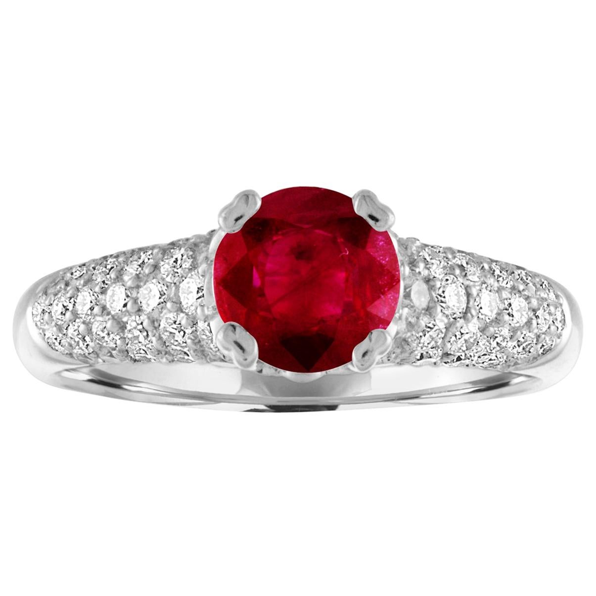 AGL Certified 1.14 Carat Round Ruby Diamond Gold Pave Ring For Sale