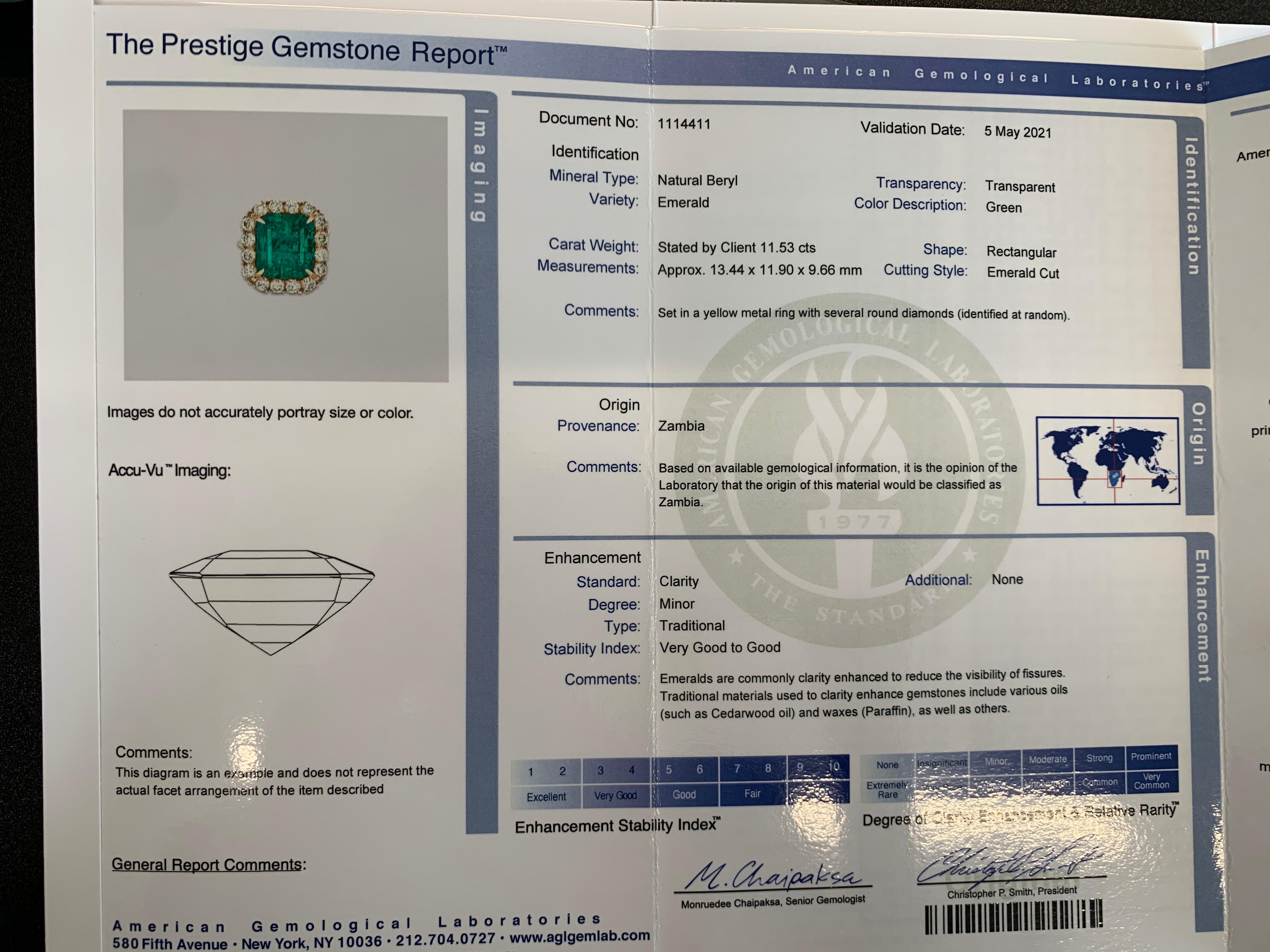 AGL Certified 11.53 Carat Emerald Cut Emerald & Fancy Light Yellow Diamond Ring 3