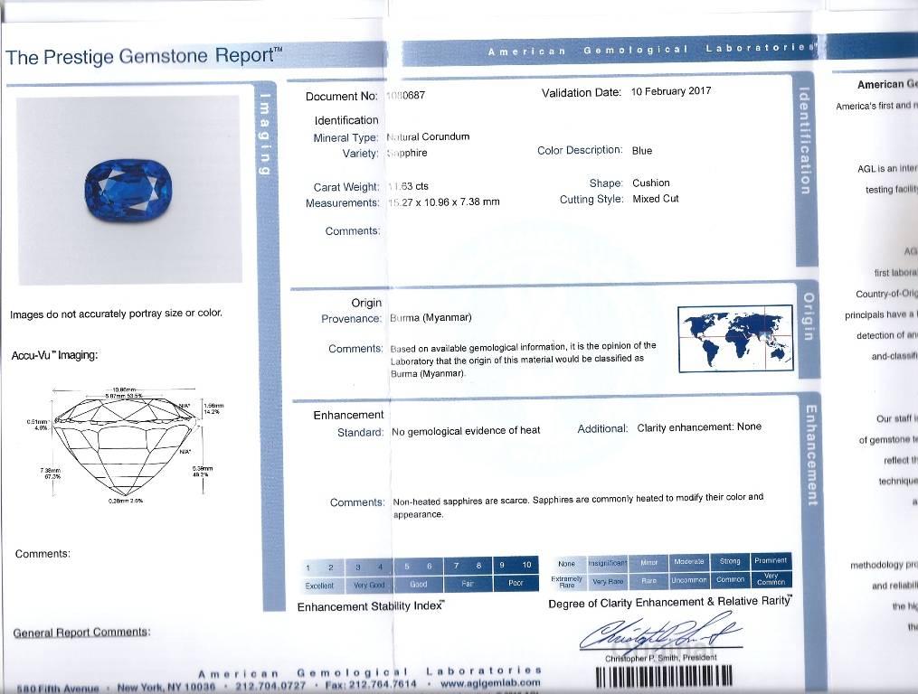 Cushion Cut AGL Certified 11.63 Carat Unheated Burma Sapphire & Diamond Platinum Ring