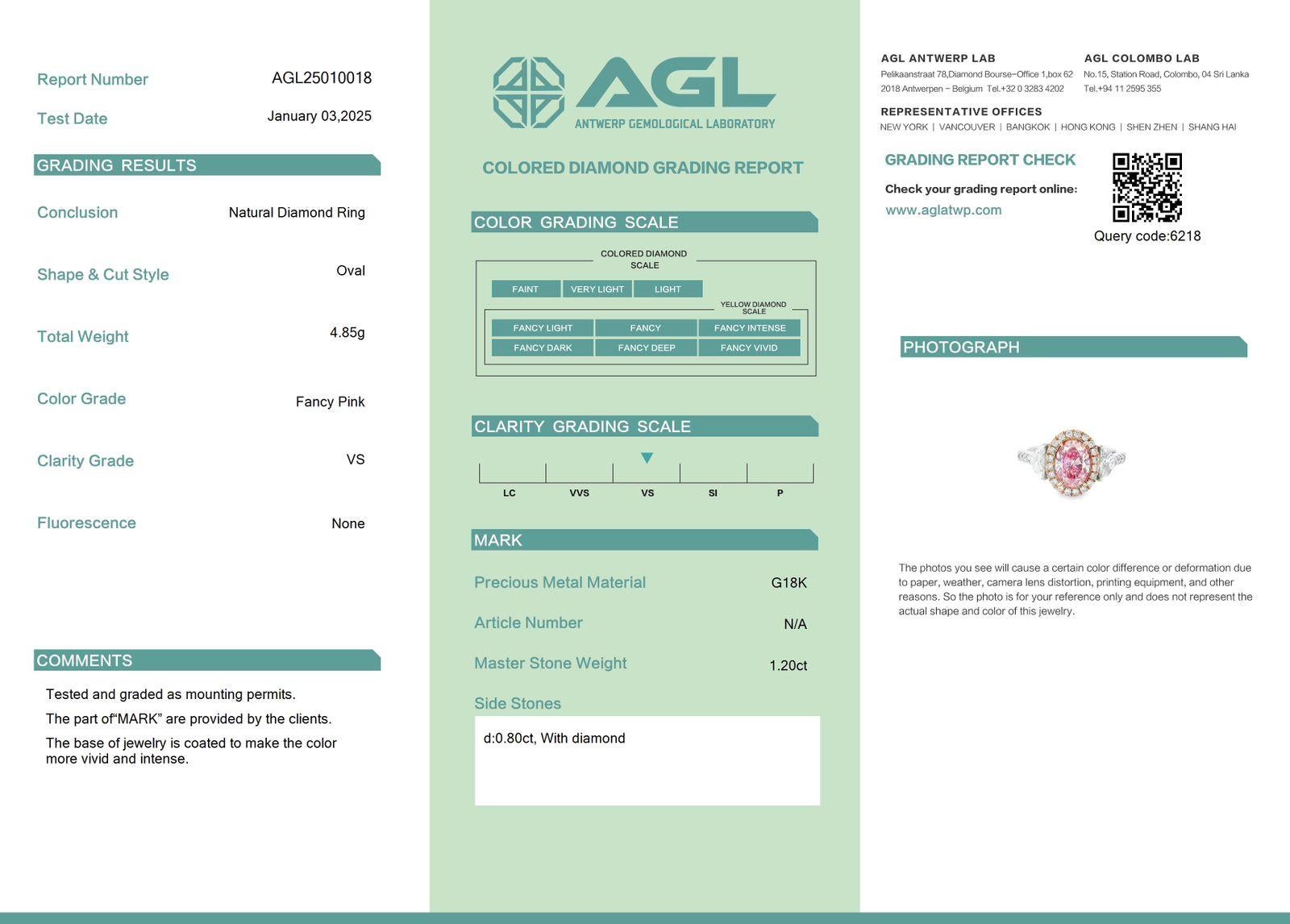 AGL Certified 1.20 Carat Fancy Pink VS Clarity Diamond Ring For Sale 3