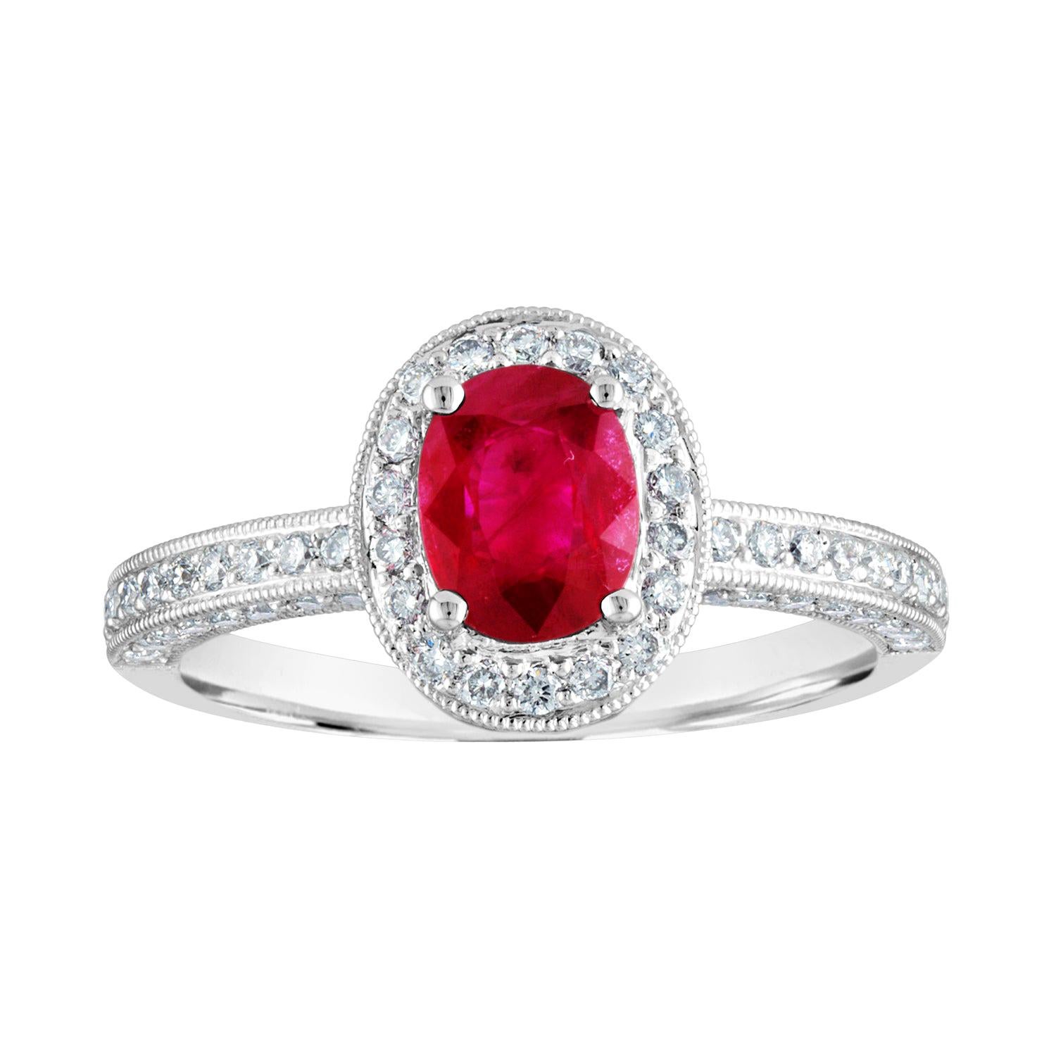 AGL Certified 1.29 Carat Burma Ruby and Diamond Halo Gold Milgrain Ring For Sale