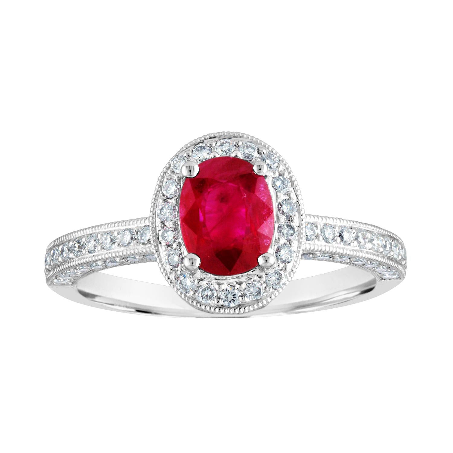 AGL Certified 1.29 Carat Burma Ruby and Diamond Halo Gold Milgrain Ring For Sale