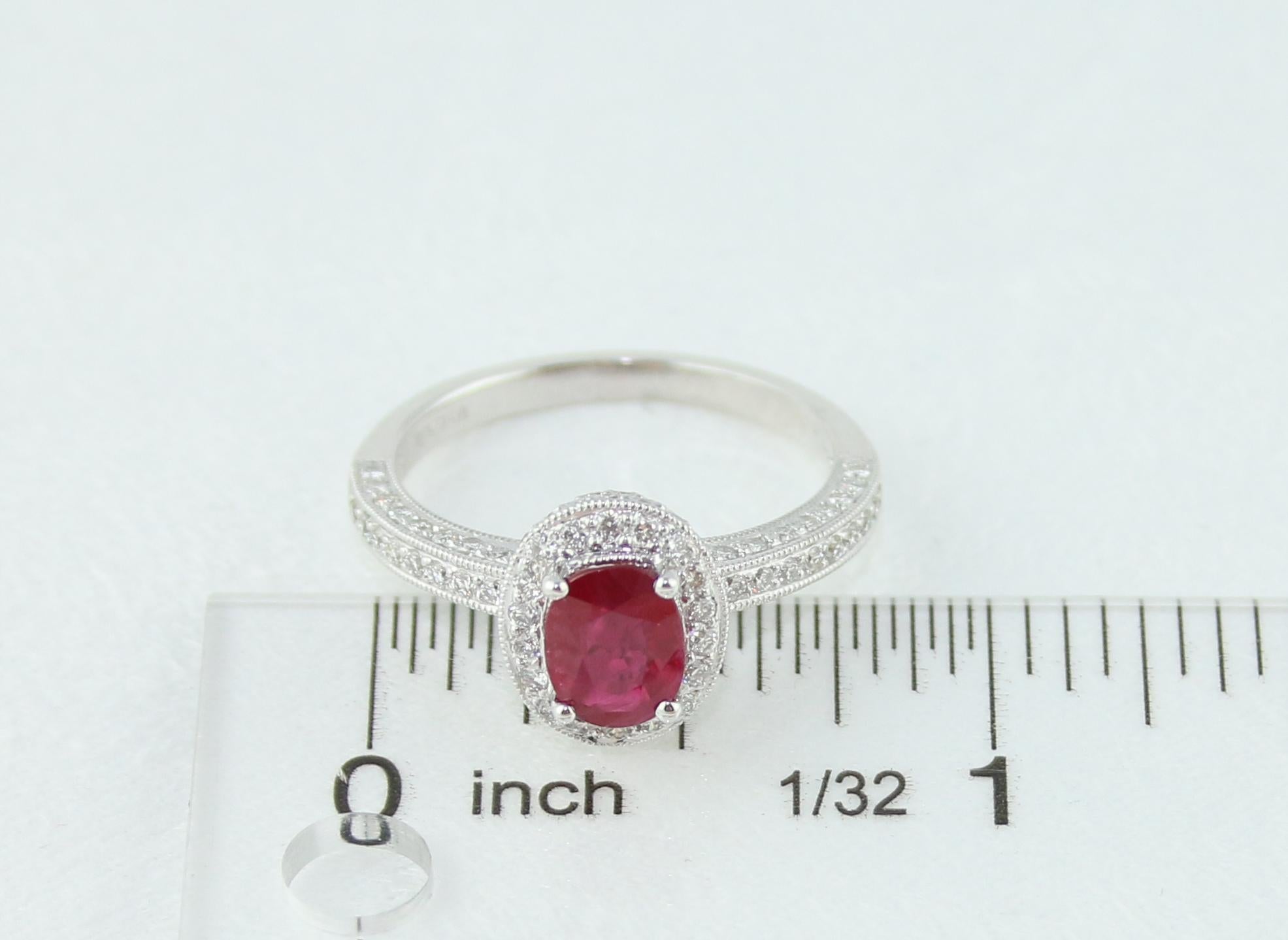 AGL Certified 1.29 Carat Burma Ruby and Diamond Halo Gold Milgrain Ring In New Condition For Sale In New York, NY