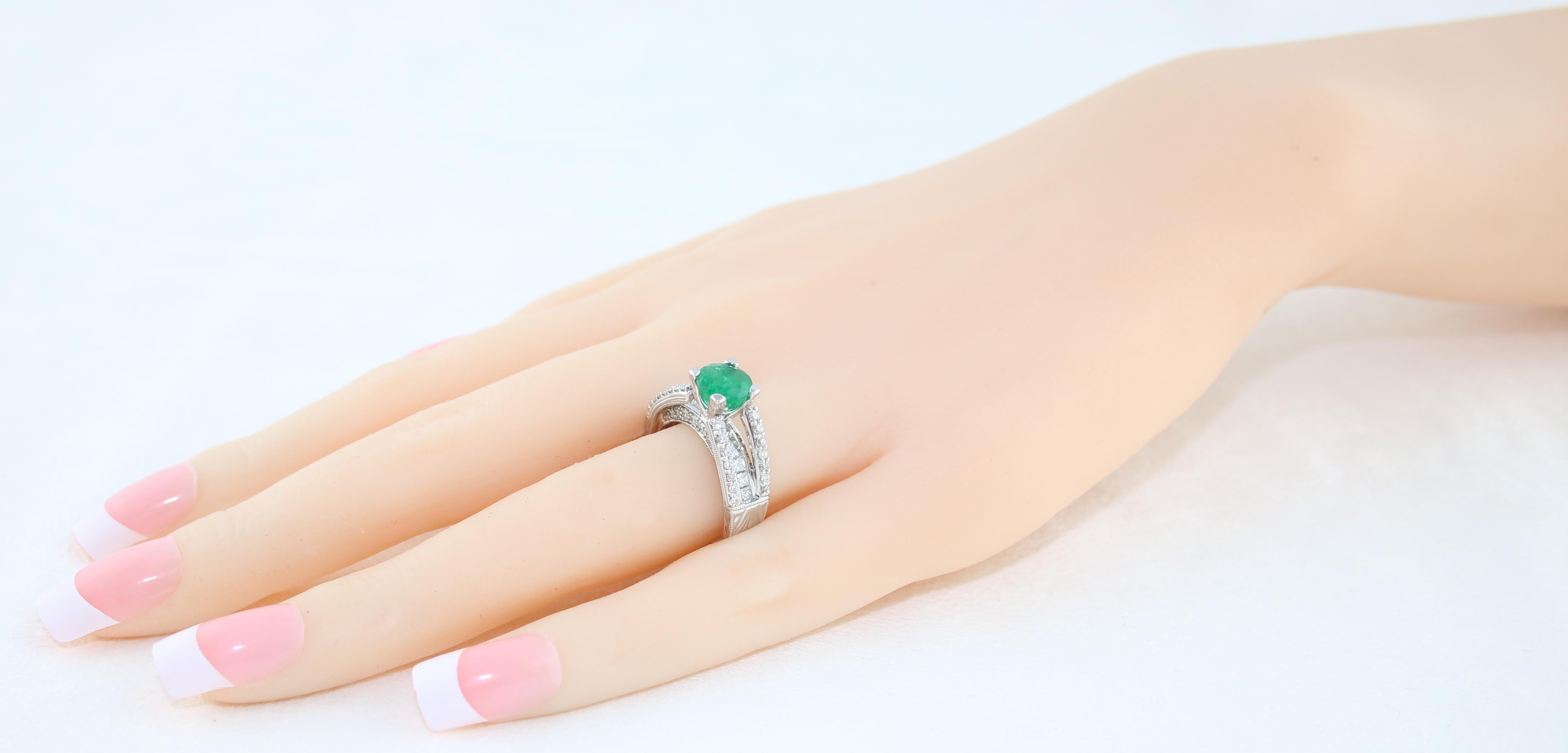 Women's AGL Certified 1.30 Carat Emerald Diamond Gold Milgrain Filigree Ring For Sale
