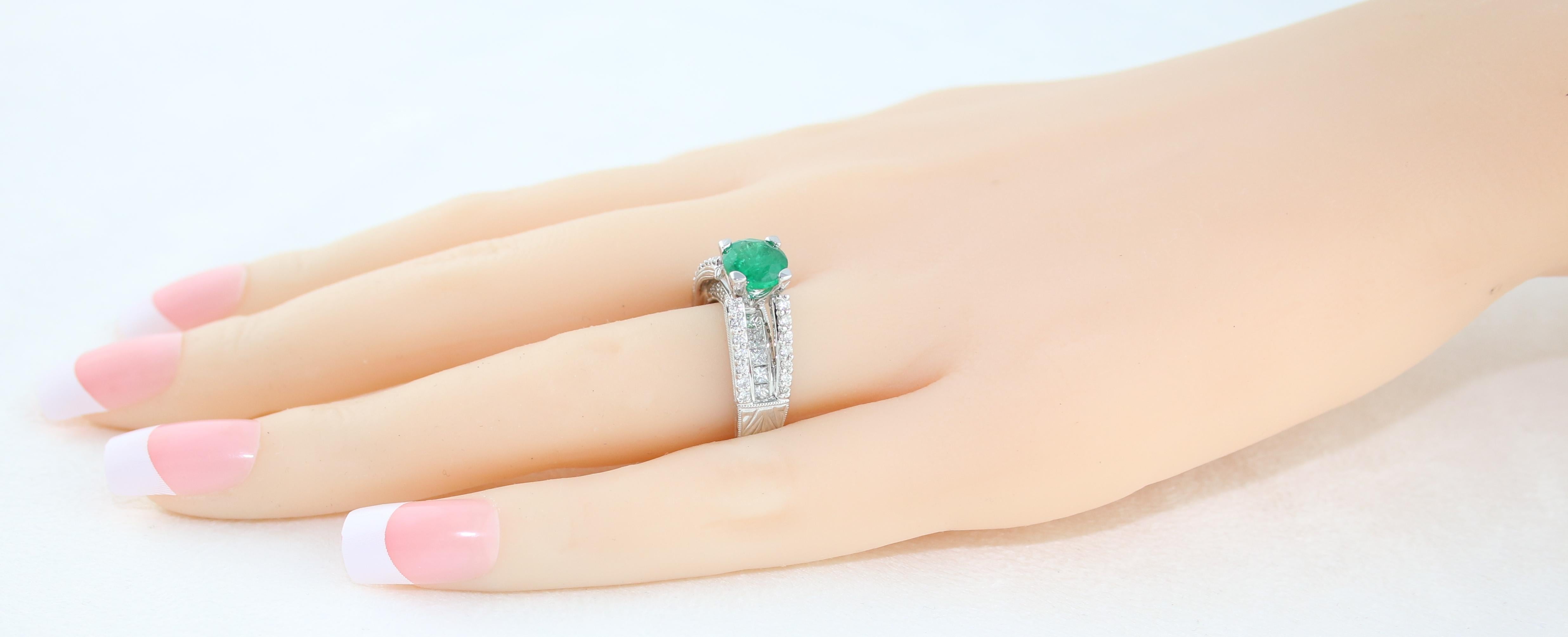 AGL Certified 1.30 Carat Emerald Diamond Gold Milgrain Filigree Ring For Sale 1