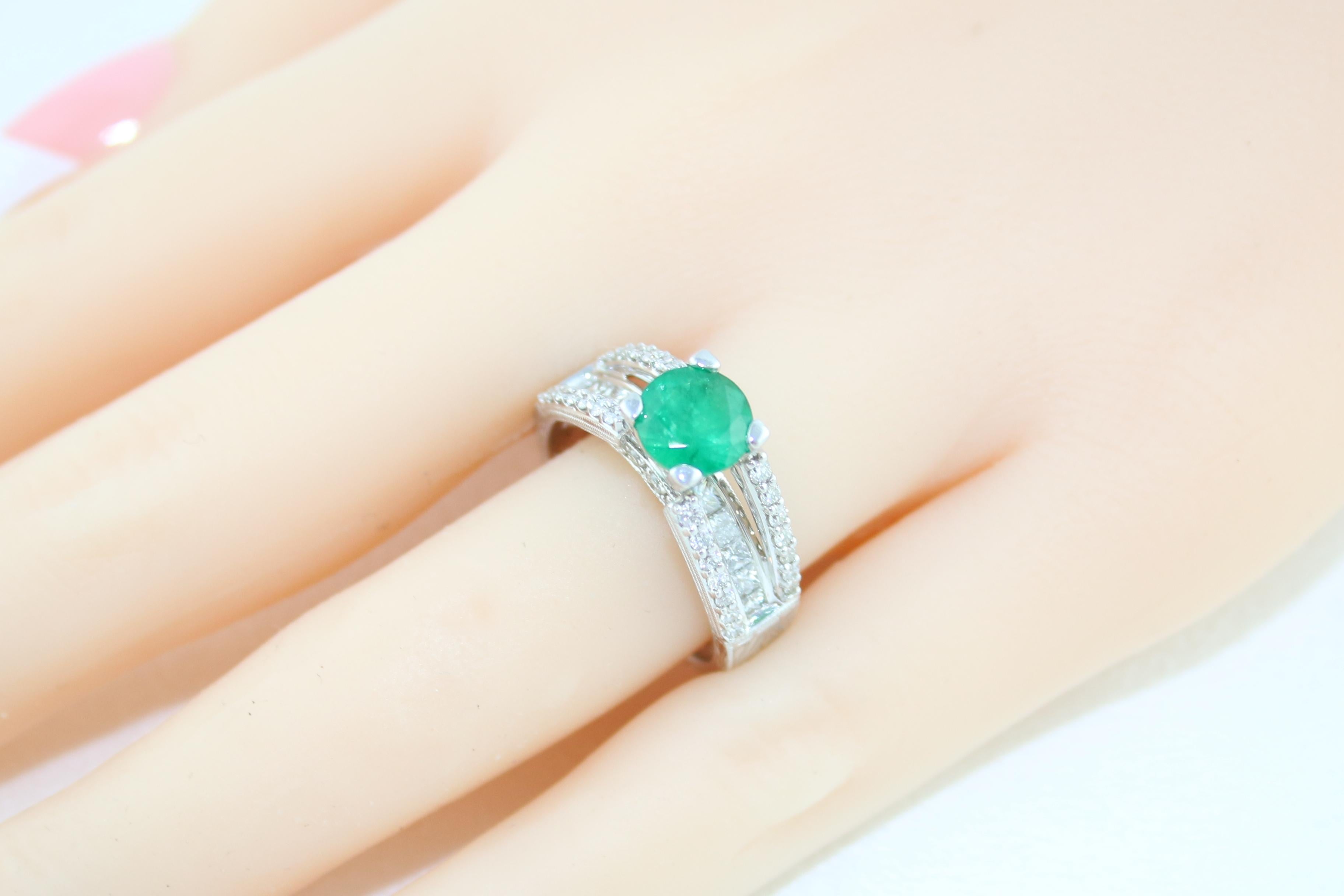 AGL Certified 1.30 Carat Emerald Diamond Gold Milgrain Filigree Ring For Sale 3