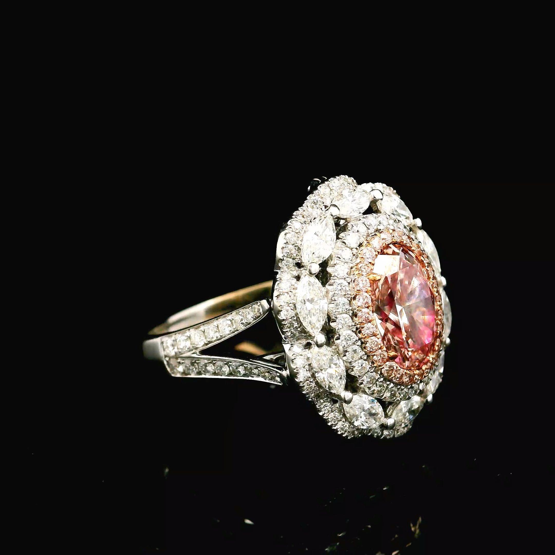 Oval Cut AGL Certified 1.31 Carat Fancy Pink VS Clarity Diamond Ring For Sale
