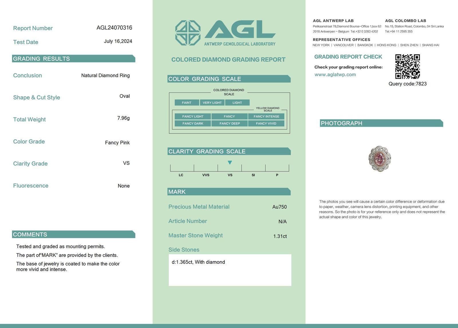 AGL Certified 1.31 Carat Fancy Pink VS Clarity Diamond Ring For Sale 3