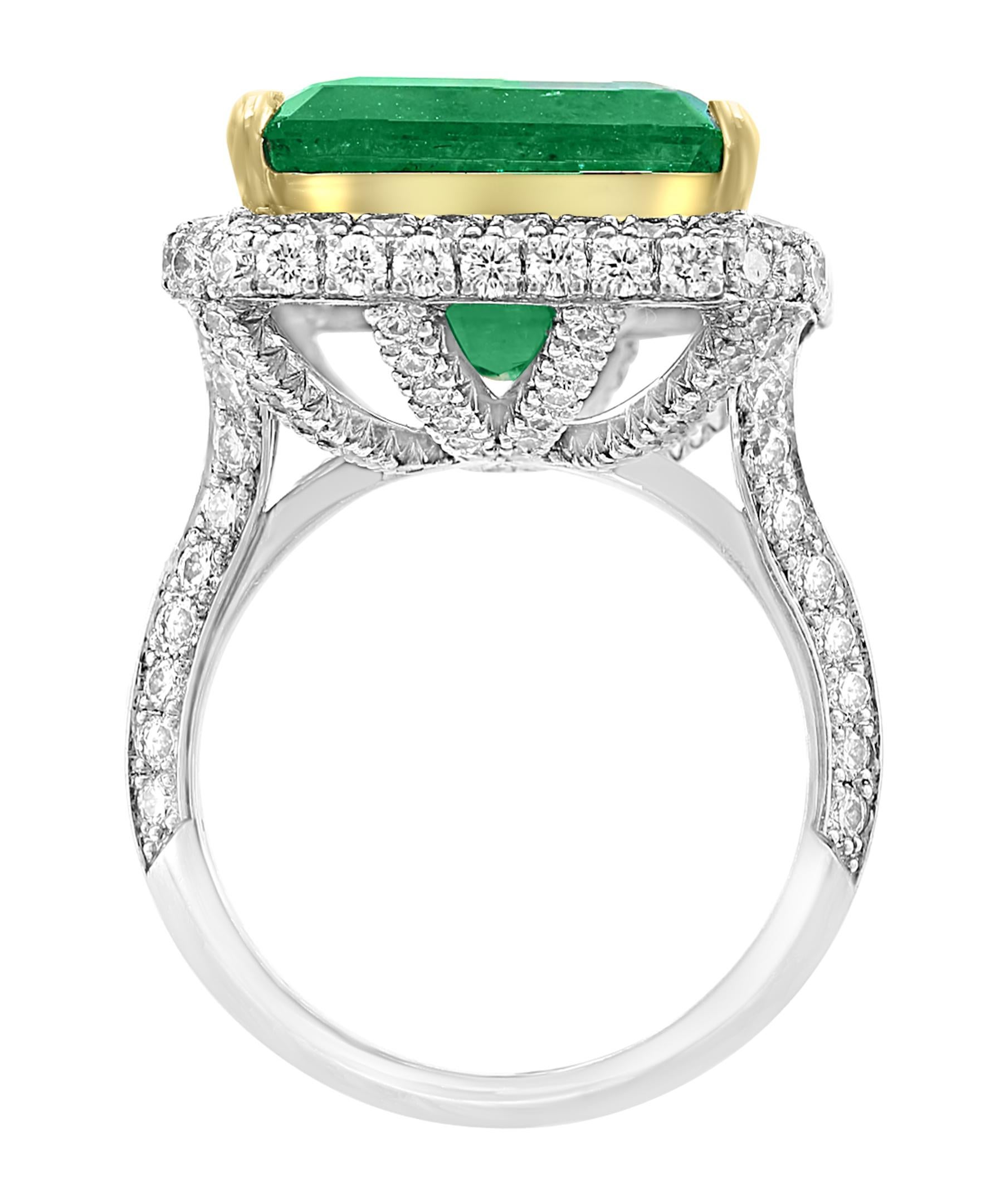 AGL Certified 13.10 Ct Emerald Cut Colombian Emerald Diamond 18K Gold Ring For Sale 1